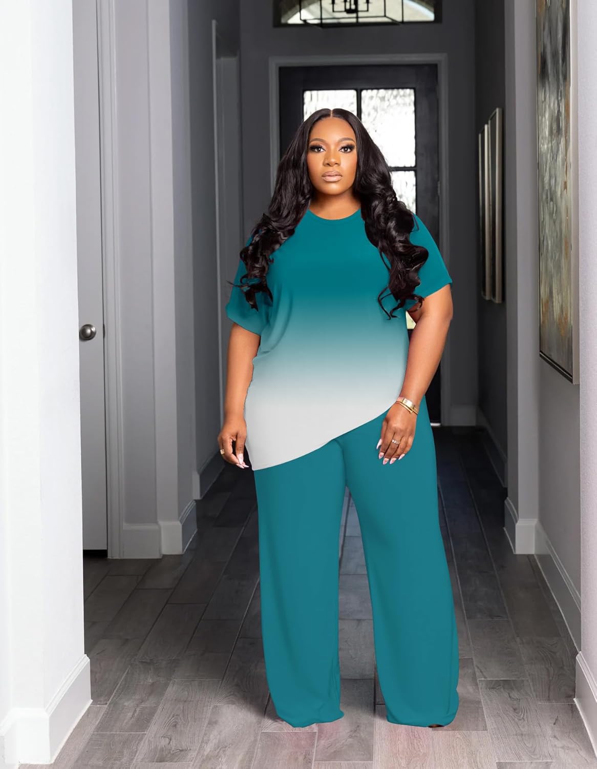 Women's Plus Size Two Piece Outfits Sweatsuits Sets Casual Short Sleeve Tops Baggy Wide Leg Pants Tracksuit Sets Green Gradual 1XL - Image 3