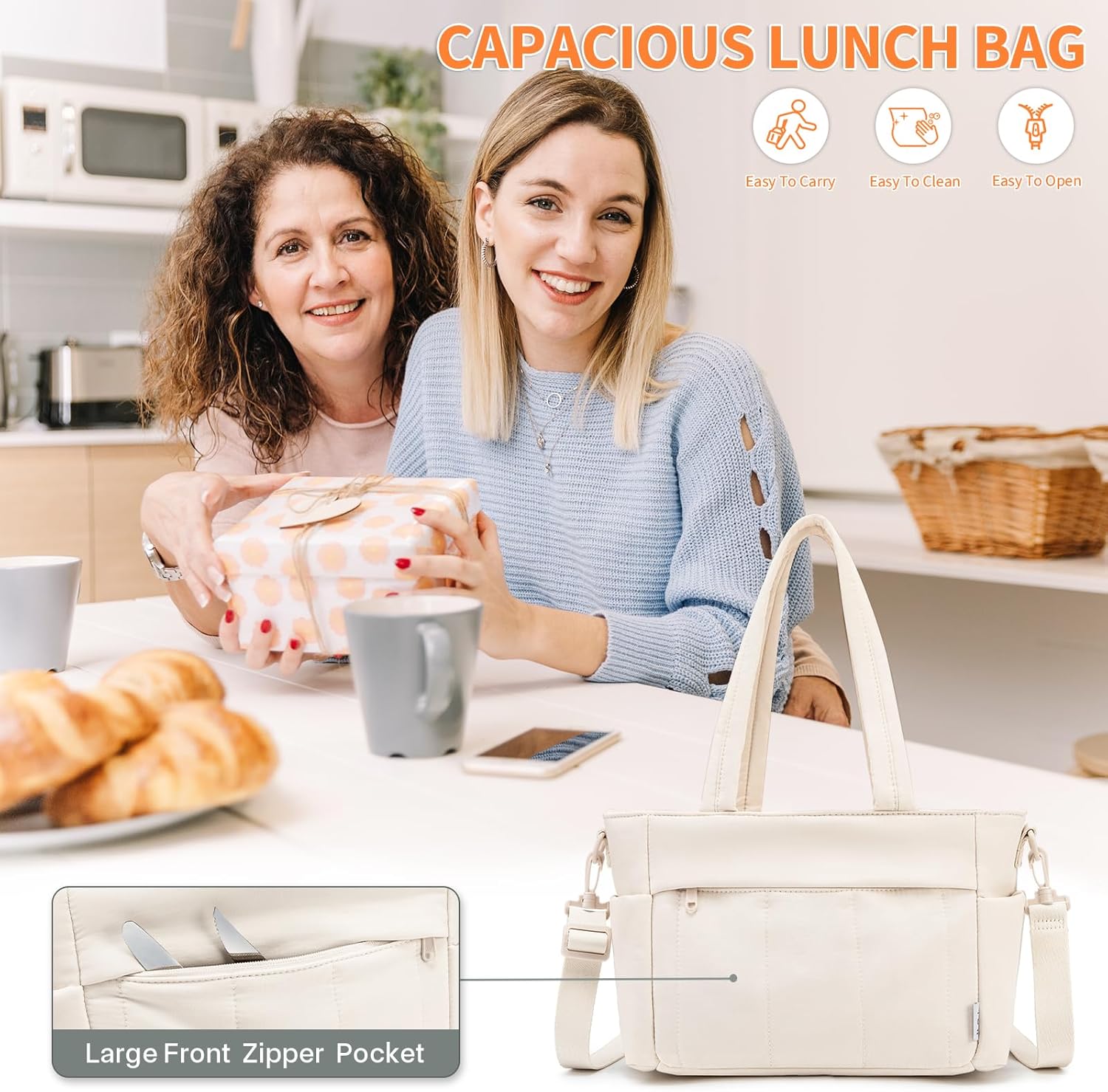 NOL Natural Organic Lifestyle Lunch Bag for Women – Lightweight Puffy Leakproof Cooler Tote with Adjustable Strap, Freezable & Insulated for Work/Outdoor (Cream)