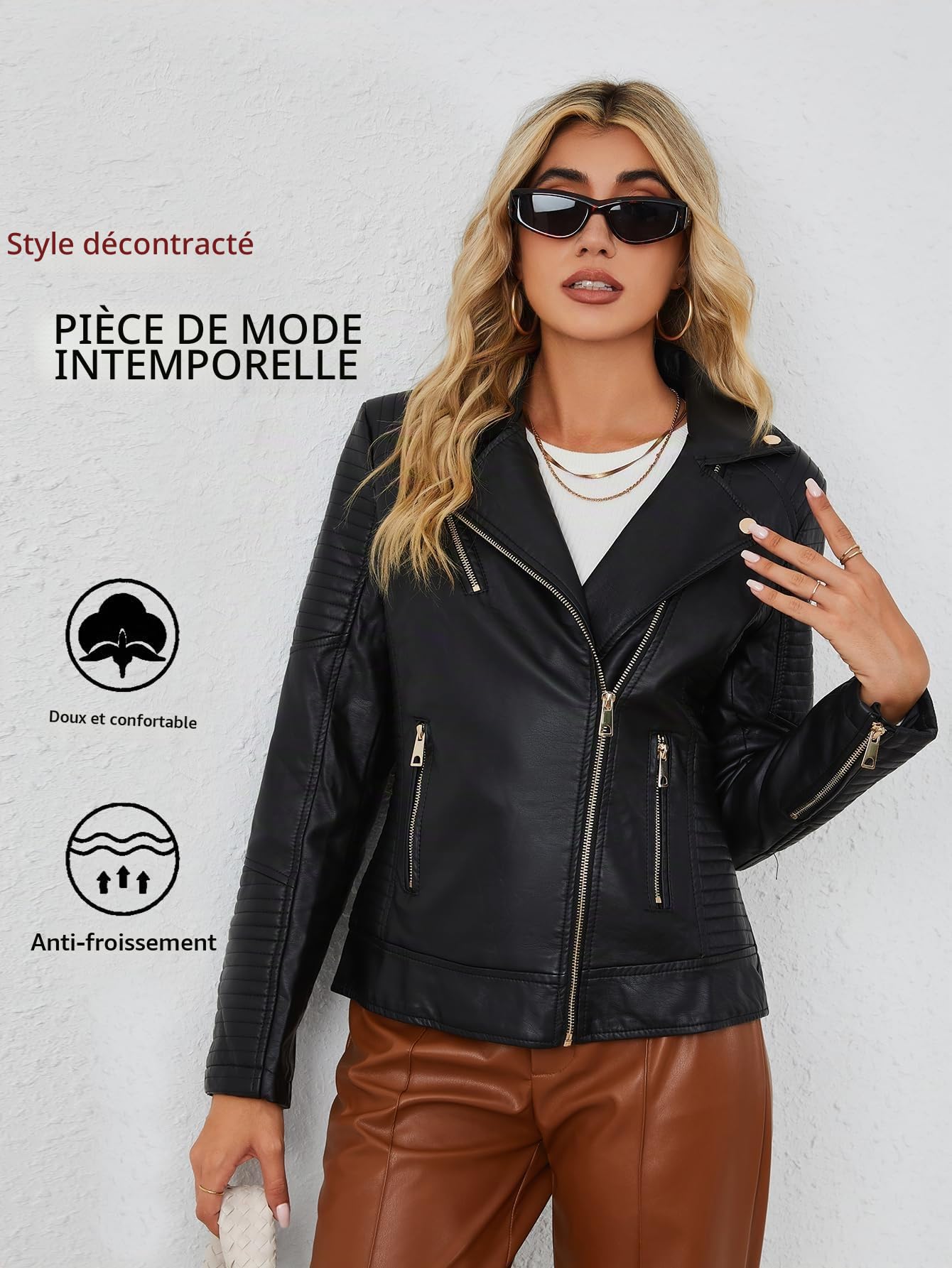 BELLIVERA Femmes PU Veste en cuir avec Poche Zippée Printemps Automne Outdoor Court Moto Manteau 53 Noir L