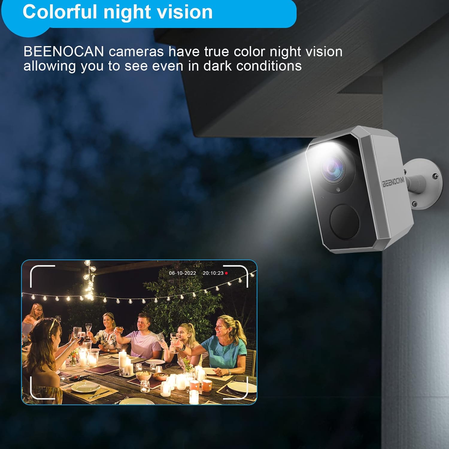 BEENOCAM camera illuminating an outdoor gathering at night with colorful night vision.