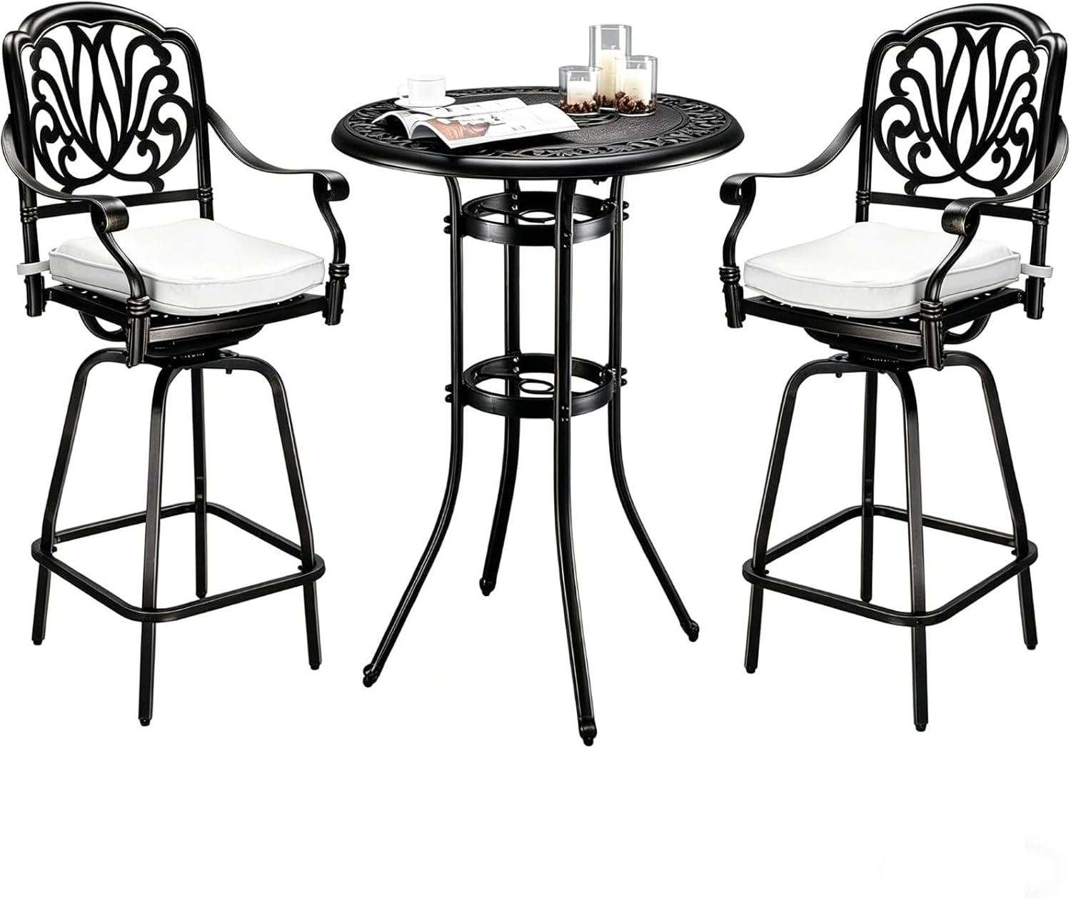 VINGLI 3 Piece Outdoor Bar Set, Cast Aluminum Outdoor Swivel Bar Stools and Table w/Umberlla Hole, All-Weather Outdoor Bar Table and Chairs Set w/Cushions for Patio Balcony (Black, Elizabethan Back)