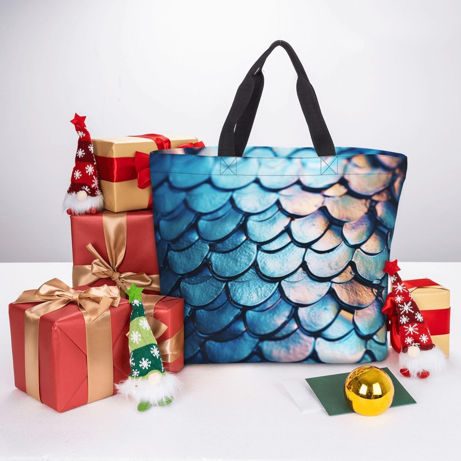 Fish Scale Print Eco-Friendly Tote Lightweight Grocery Bag Daily Commuting Travel Beach Gym Use
