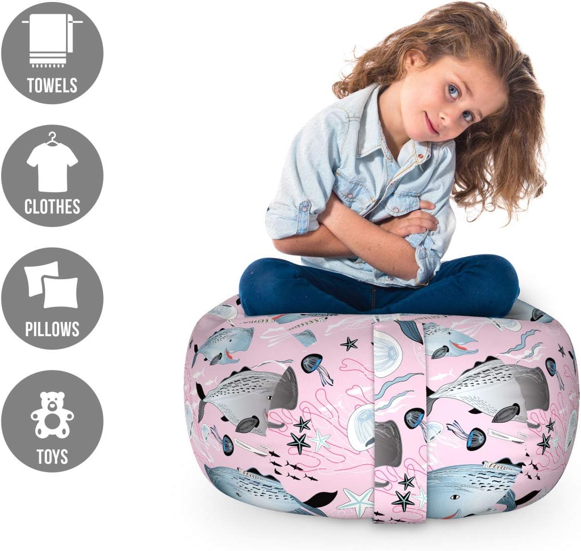 Lunarable Whale Storage Toy Bag Chair, Graphic Pattern of Friendly Happy Underwater Wildlife Elements Seaweed and Animals, Stuffed Animal Organizer Washable Bag, Small Size, Multicolor