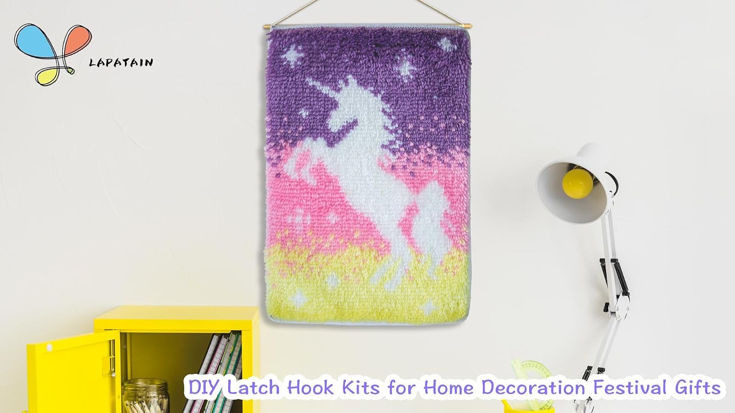 LAPATAIN Latch Hook Kits DIY Crochet Yarn Kits,Unicorn Carpet Embroidery Hook Rug Kit Needlework Sets Cushion for Adults Home Decor 20x14inch