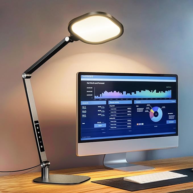 LitONES LED Desk Lamp for Home Office, 15W Computer Zoom Lighting with Swing Arm, Memory & Timer Function, Dimmable Desktop Ring Light for Video Calls, Conference, Reading, Streaming, Podcasting