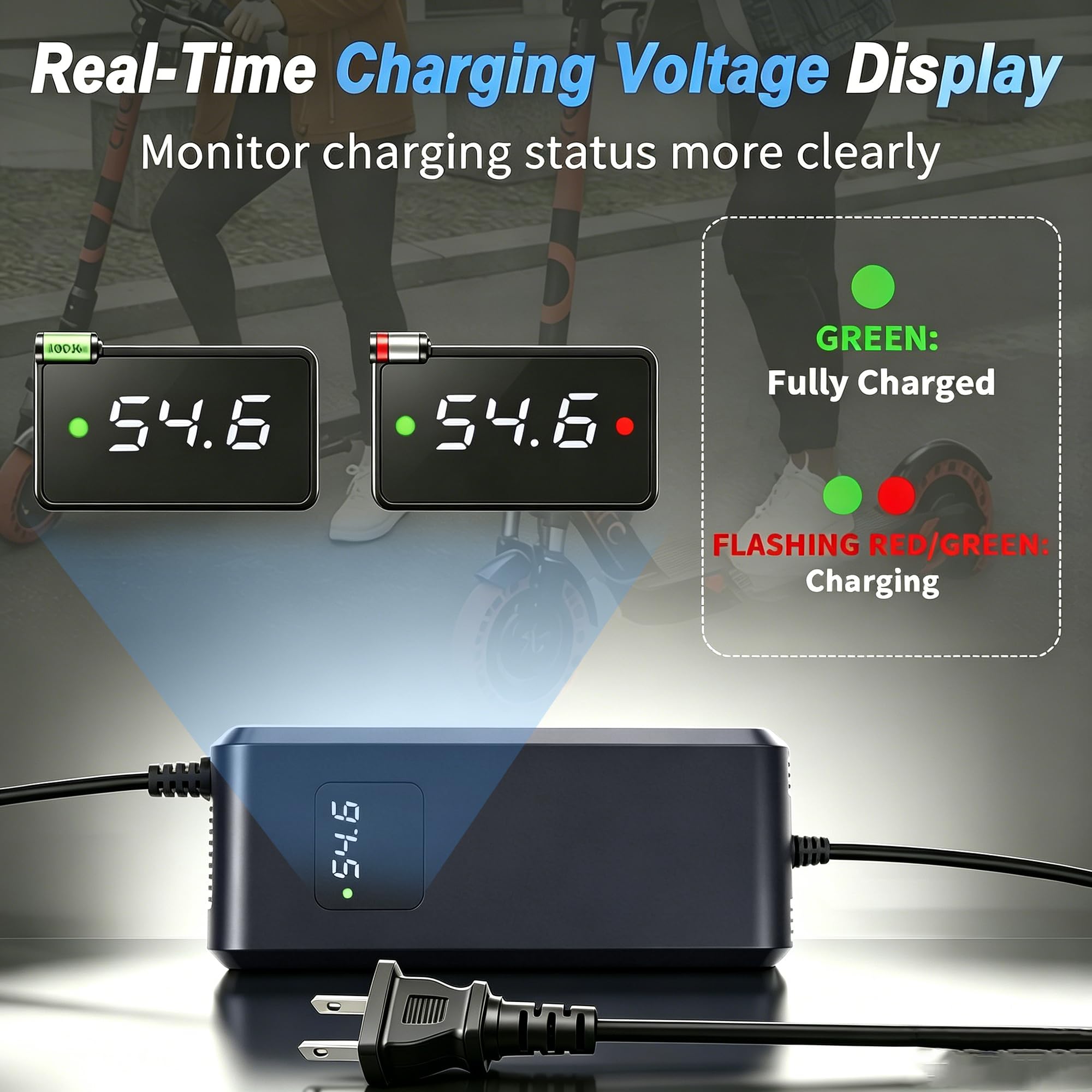 Chargeur 54,6V 4A pour Trottinette électrique Batterie Lithium 48V | Compatible vélos électriques, connecteur XLR mâle 18mm, protections sécurité, ventilateur & écran affichage tension.