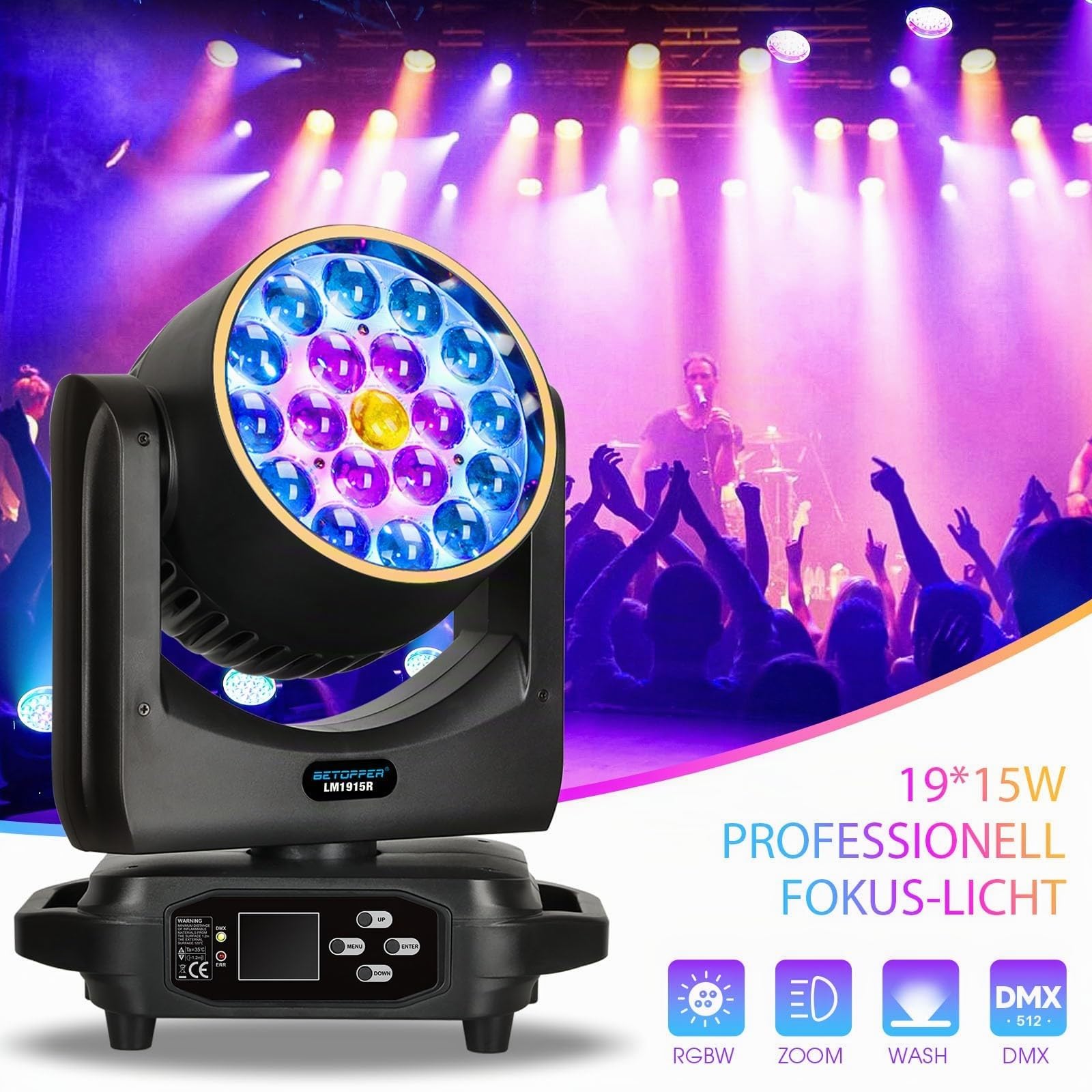 Betopprt 19x15W Moving Head LED Mit Lichtstreifeneffekt 4 in1 Bühnenlicht | RGBW DJ Party Lichter Musik Beam Wash Strobe Bühnenbeleuchtung RDM & DMX Control Stage Lighting Bühnen Club Wedding