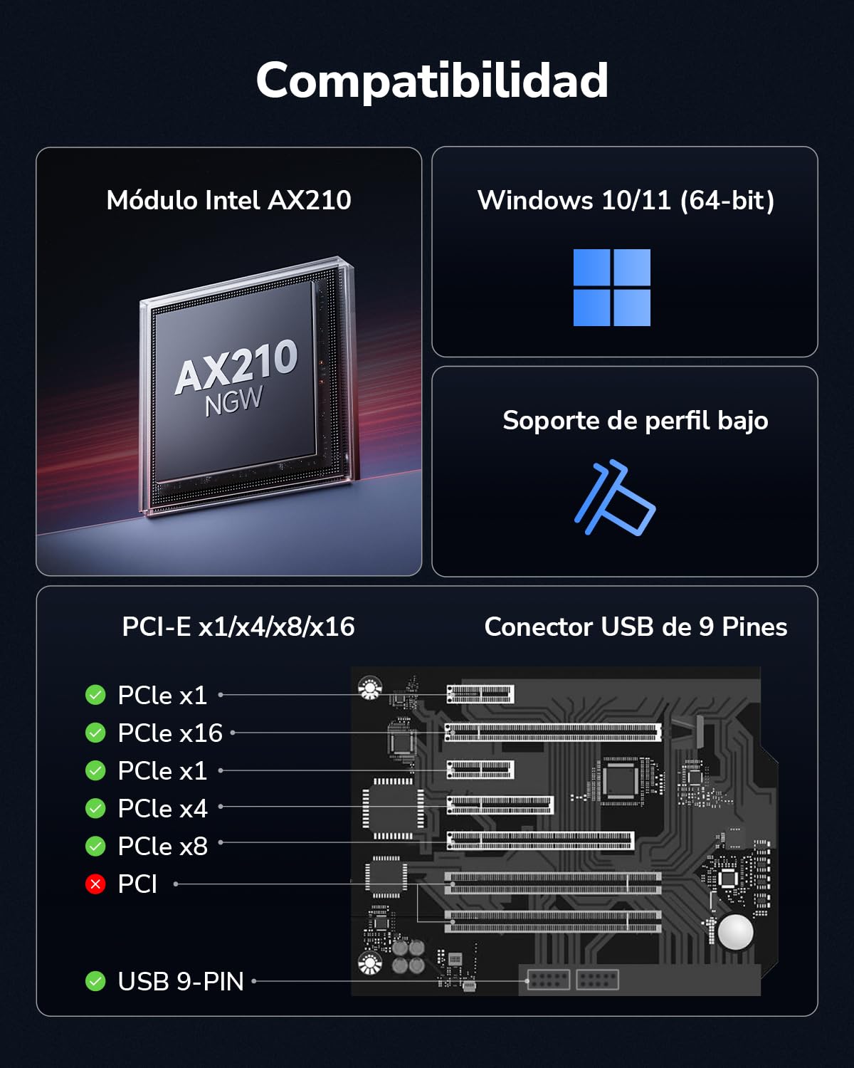 Cudy AX5400 Tri‑Band Wi‑Fi 6E Bluetooth PCI‑E Adaptador PC WE3000S | Módulo Intel AX210, 2,4/5/6GHz hasta 5400Mbps, Bluetooth 5.3, ranura PCIe, WPA3, OFDMA MU-MIMO, Win 10/11