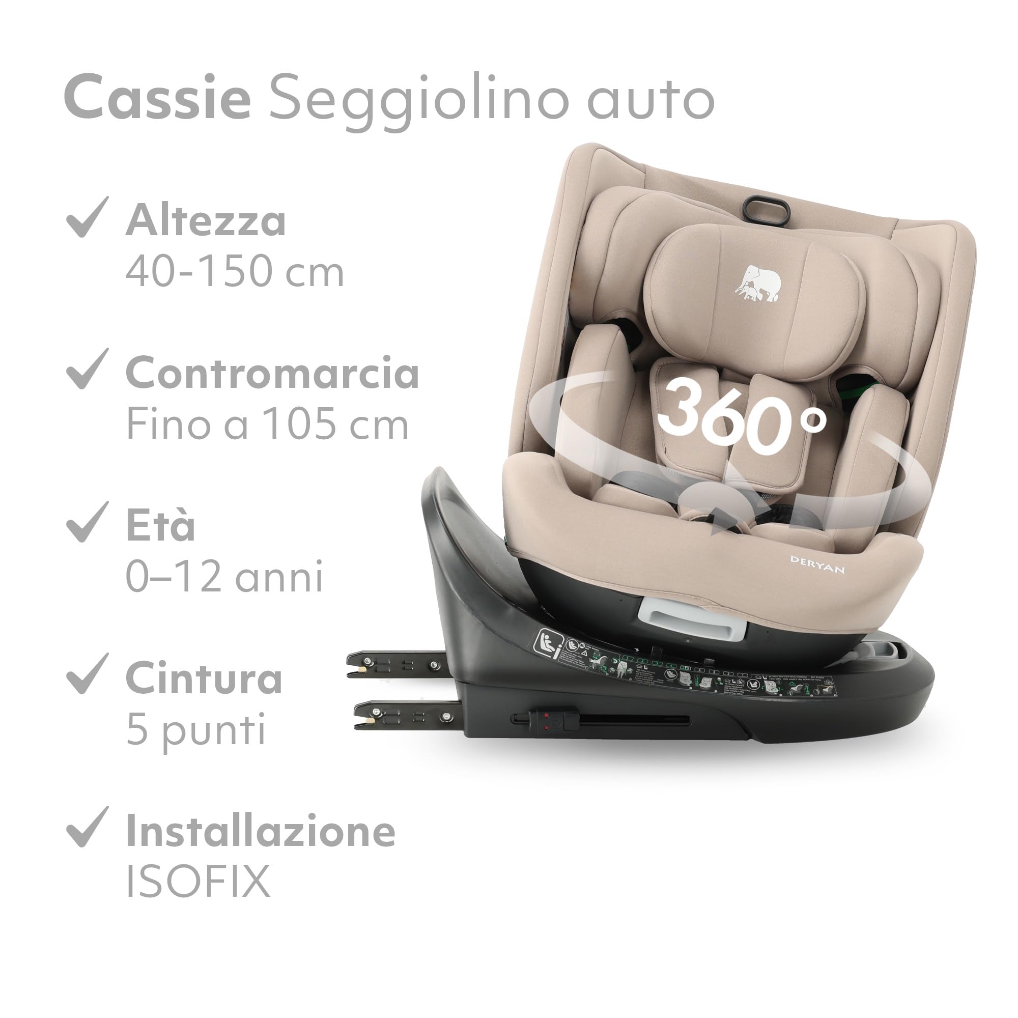 Deryan Cassie i-Size Rotazione 360, Seggiolino Auto 40-150 cm, 0-12 anni (0-36 kg), ISOFIX con Top Tether, Seggiolino Reclinabile 6 Posizioni, 10 Posizioni Poggiatesta, Tessuti Traspiranti (Torrone)