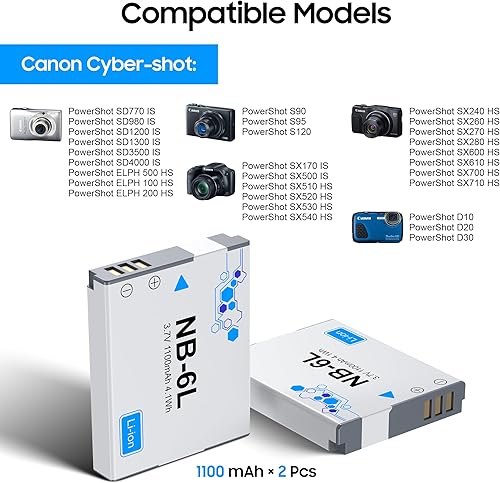 Miniatura 2 de Juego de batería NB-6L (paquete de 2) y cargador (2CH), accesorios de cámara NB 6LH para Canon PowerShot S95 S90 S120, SD7709801200130035004000 es,