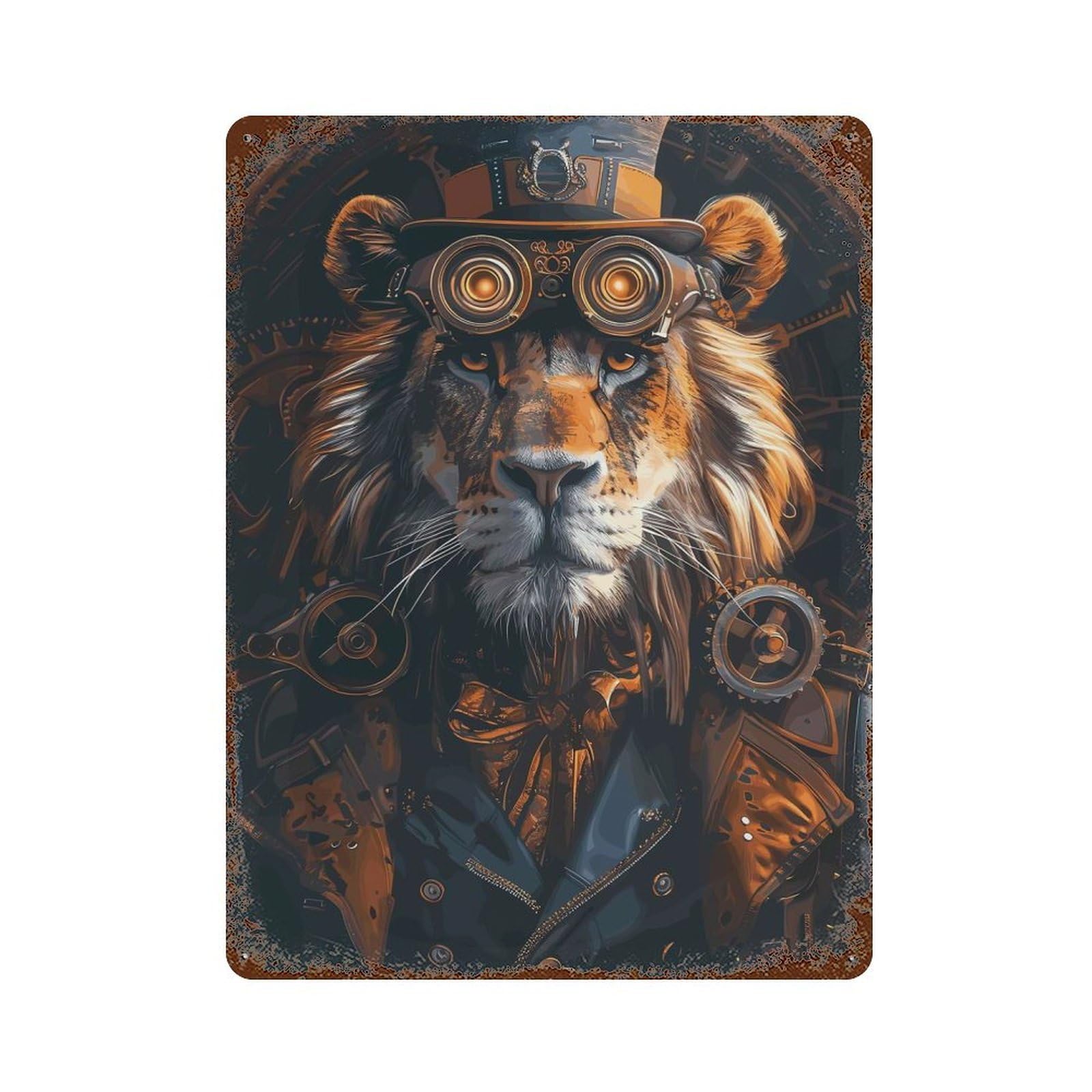 Animal Steampunk Lion Aged Metal Wall Plaque 15.7"x11.8", Industrial Home Decor for Pub, Kitchen And Man Cave Decor