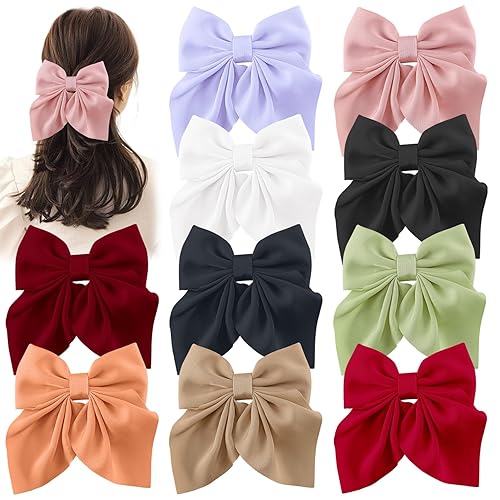 Miniatura 1 de 10 pinzas para el pelo con lazo para mujeres y niñas, lazos grandes de 5.5 pulgadas, 10 colores sólidos, hechos a mano, tela suave, lazo, pasadores