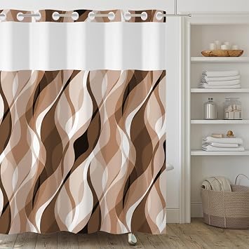 No Hook Shower Curtain,Brown Modern Double-Layered Shower Curtain with Snap-in Liner and Weights,Striped Brown Fabric Bath Curtain with See Through Mesh, 71x74in