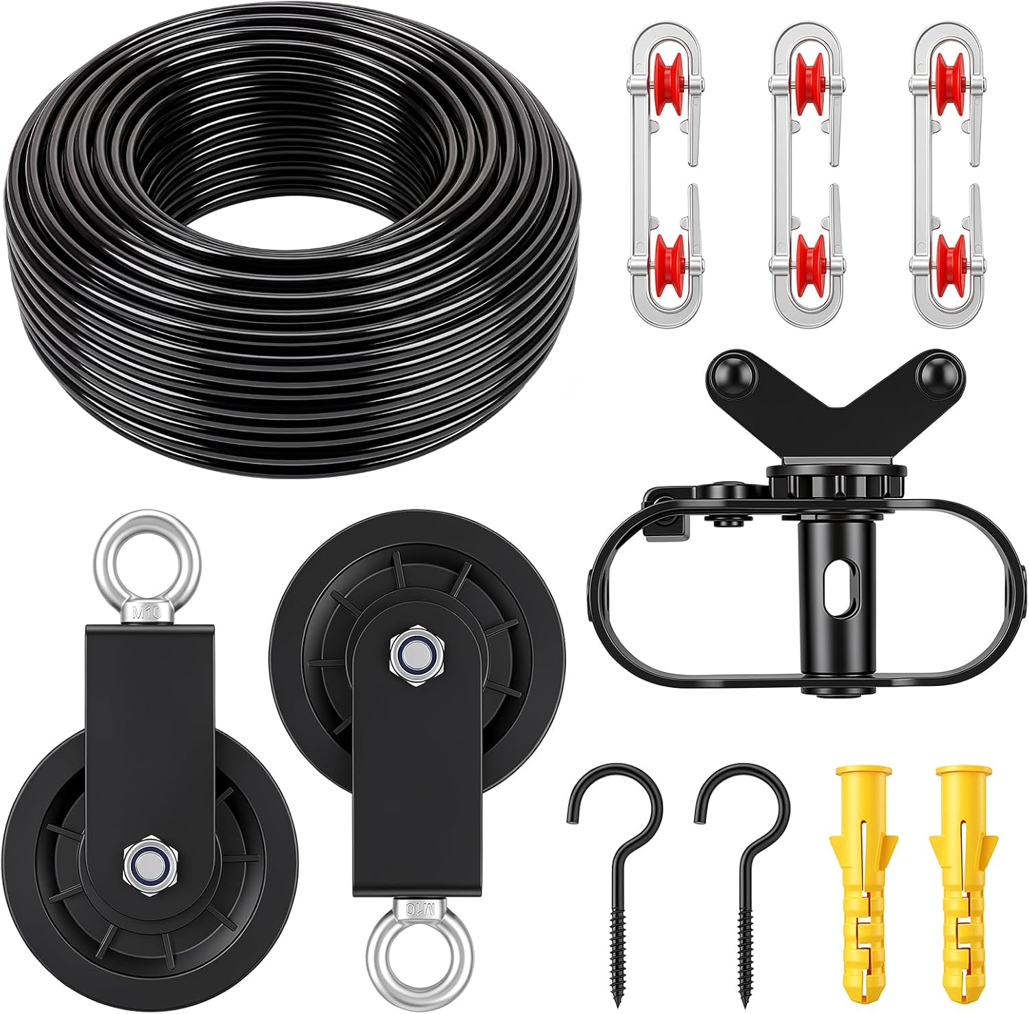 Hicarer 150ft Outdoor Clothesline Kit Black PVC Coated Galvanized Clothes Steel Line Pulley Kit with Clothesline Heavy Duty Nylon Pulley M10 Metal Hooks Winch Separator Clothes Line for Backyard