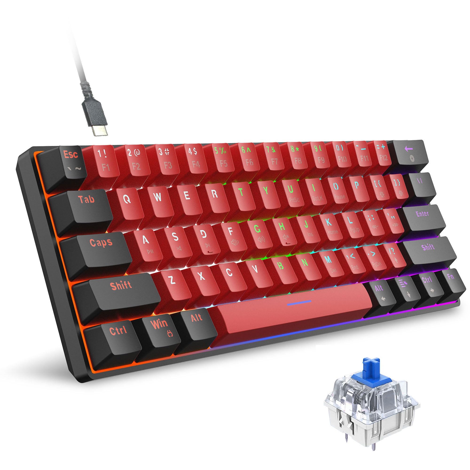 Snpurdiri 60% teclado mecánico para juegos con cable, 61 teclas anti-ghosting, retroiluminación RGB, dos soportes ultracompactos (interruptor azul/negro rojo)