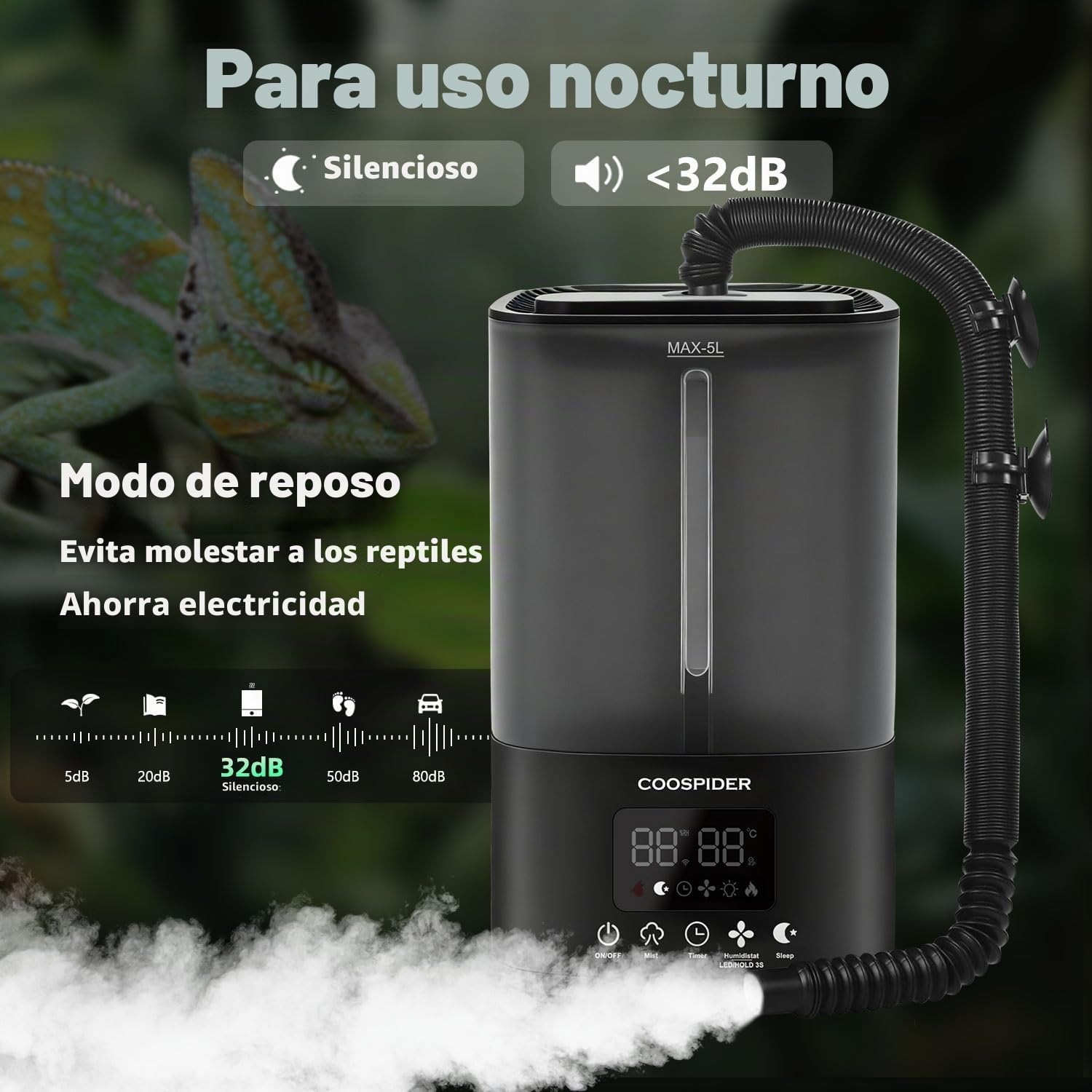 Tararium Nebulizador de terrario de 5 litros con temporizador y sensor de humedad – Humidificador automático de reptiles para serpientes, camaleones, tortugas – niebla ultrasónica silenciosa