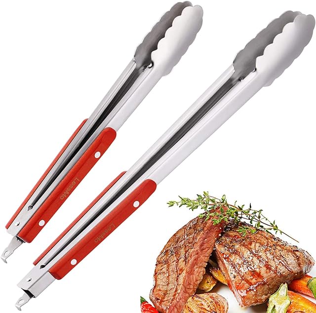 LessMo Kitchen Tongs, 2 Packs Barbecue Tongs (16 and 12) Stainless Steel Cooking Tongs Heat Resistant Handle Smart Locking Clip Non-Slip for BBQ, Salad, Grill, Fry, Servin - Professional Tongs