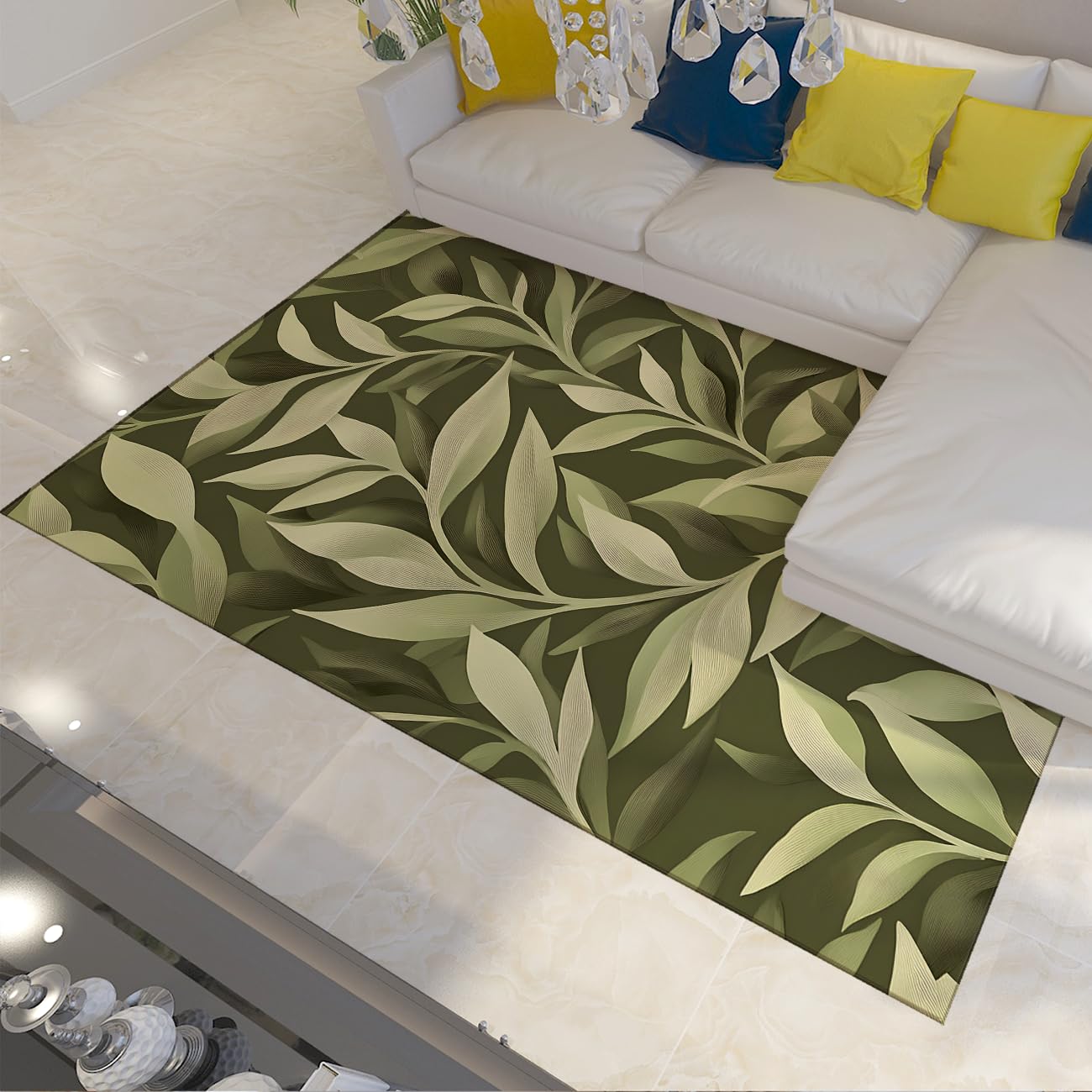 Tapis de chambre sauge olive botanique pour créer un salon chaleureux et une entrée élégante