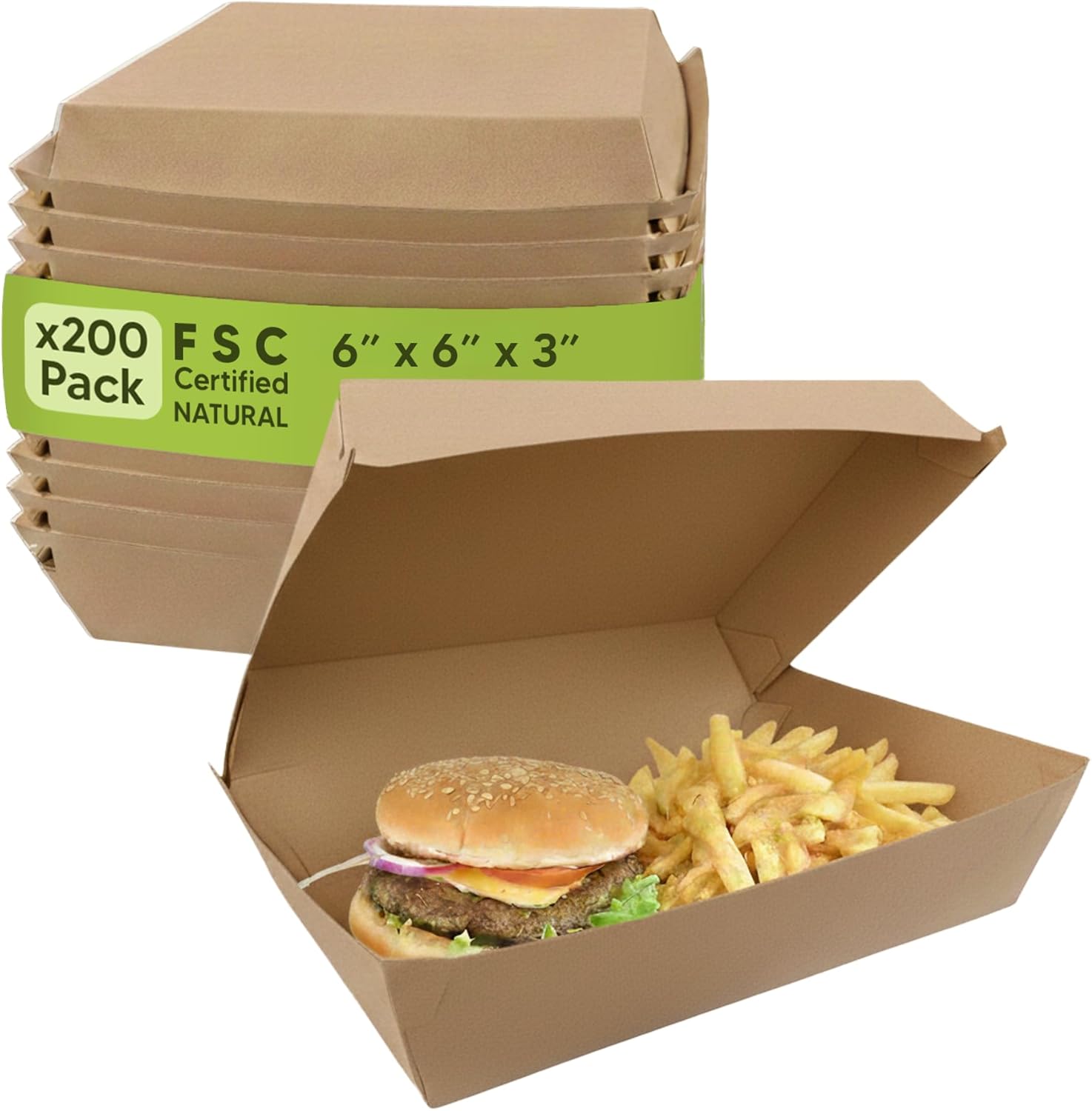 BULK Corrugated Cardboard Clamshell Containers 200 Pack | Hinged Food Delivery Boxes | Eco-Friendly, Plain, Recyclable To-Go Packs for Burgers, Hoagies & Catering - Kraft, Kraft - 6x6x3
