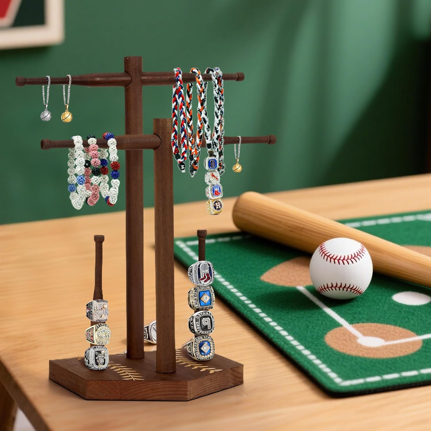 Wooden Two-Layer Baseball or Softball Drip Necklace Organizer Holder,Exquisite Championship Ring Display Holder,Baseball,Sports or Softball Ring Holder,Trophy Gift for Players & Coaches - Image 5