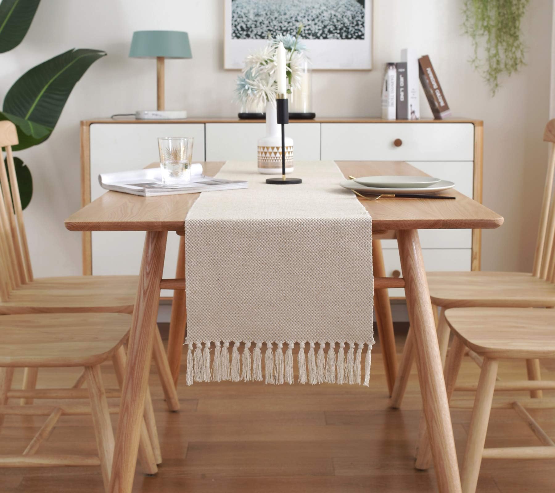 Wracra Braided Cotton Linen Table Runner 13 x 72 inch Farmhouse Burlap Table Runner, Jute Rustic Table Decor Holiday Parties and Everyday Use (Waffle, 13 × 72")