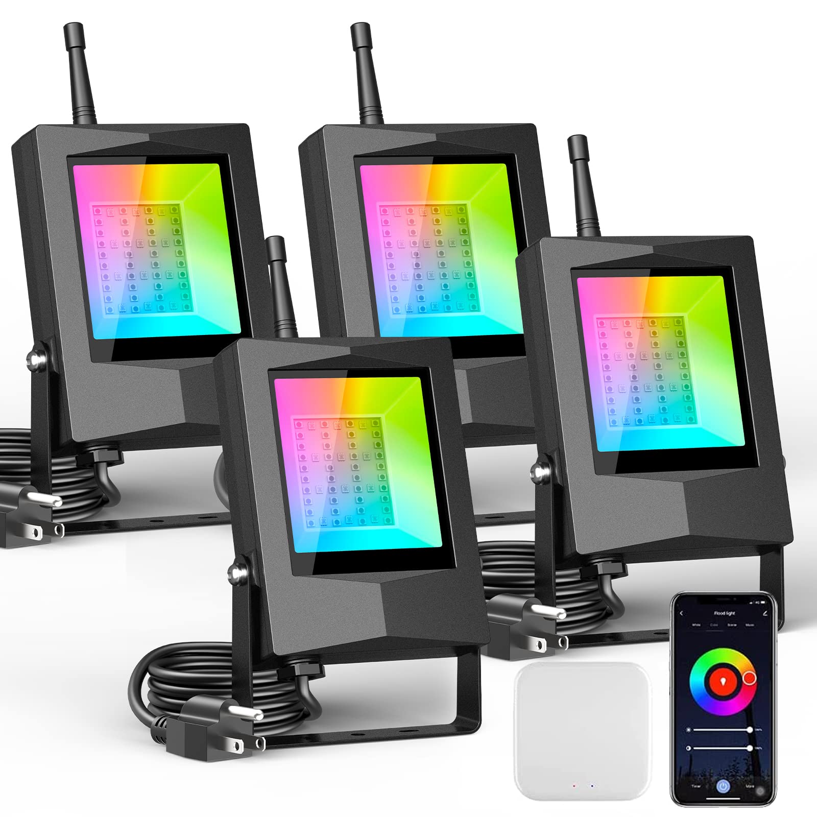 MustWin Smart Flood Light, 20W LED Flood Lights Bluetooth Mesh 4 Pack 16 Million Color Changing RGBCW, Work with Alexa Google Home, IP65 Waterproof Dimmable for Outdoor Landscape Stage