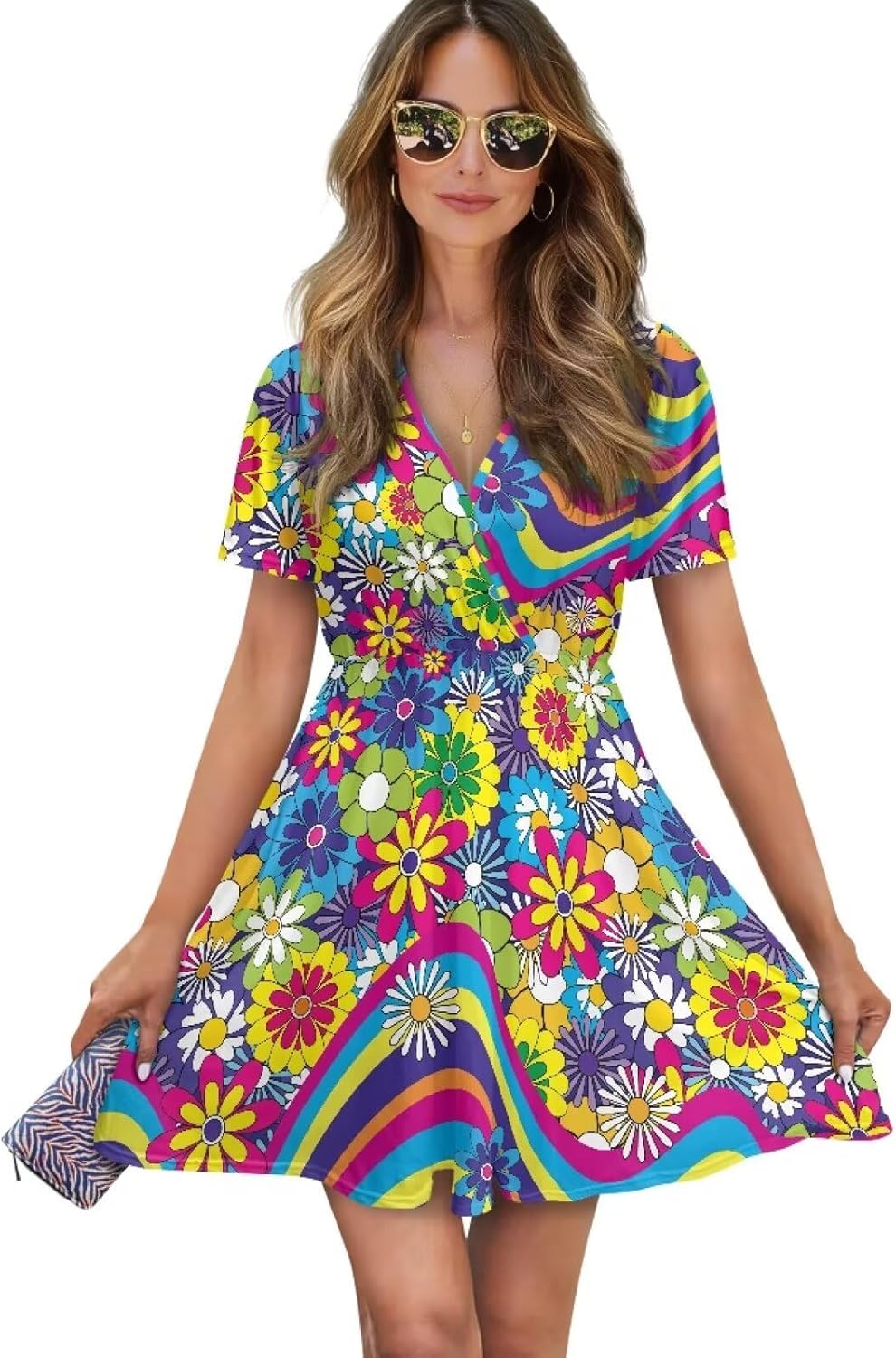 POLERO Hippie Sundress Short Sleeve Womens Summer Dresses V Neck A-Line Mini Dress