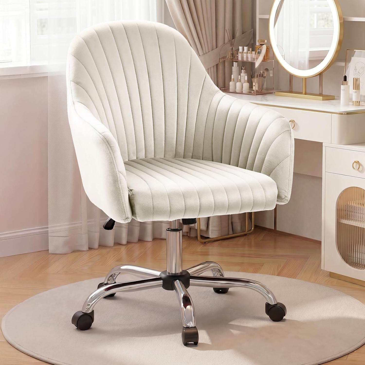 Warmiehomy Desk Chair, Velvet Vanity Chairs with Back, Luxury Reading Chair for Home Office, Ergonomic Office Chair with Wheels for Working (Cozy Beige)