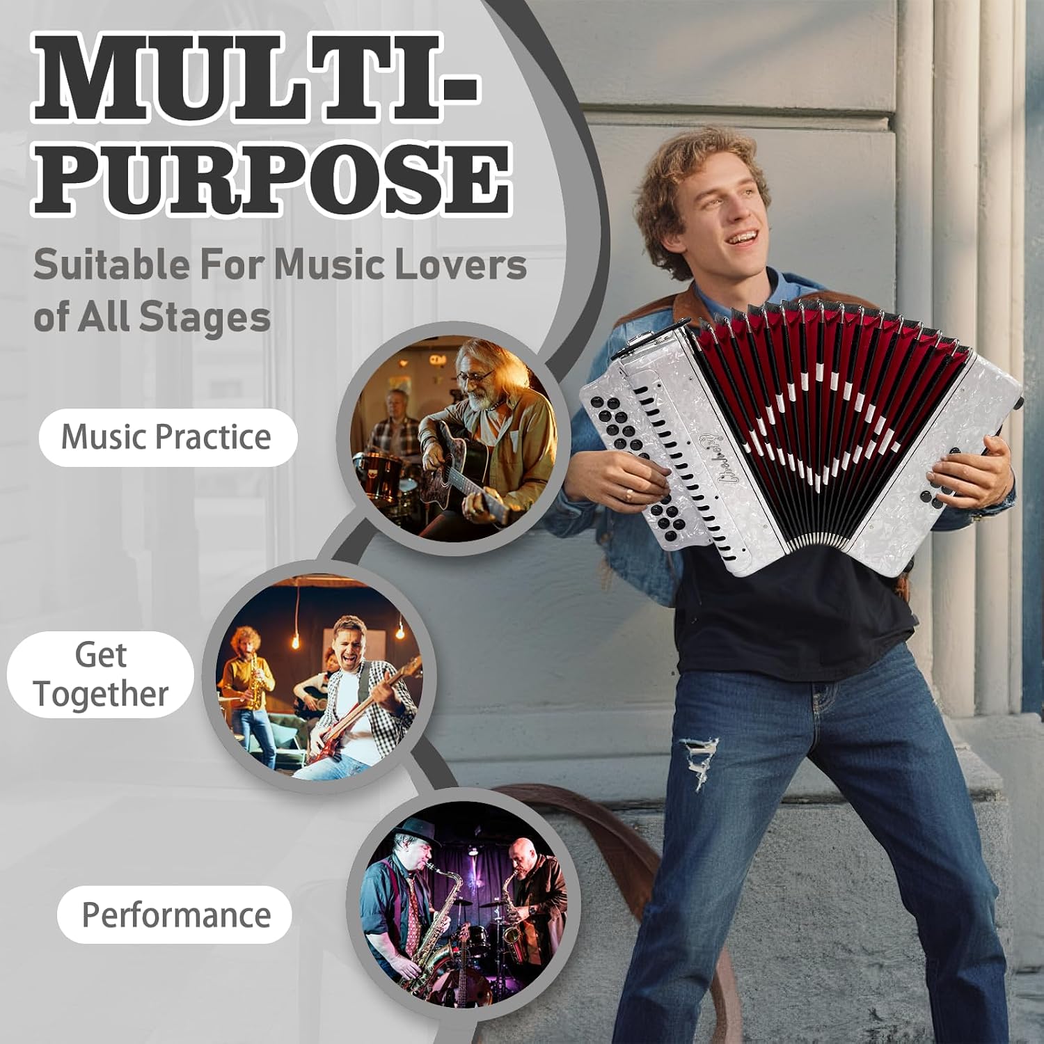 Accordion – 21 Keys 8 Bass Adult Push-Pull Heterophonic B/C Tone Accordion for Professionals & Beginners (white)