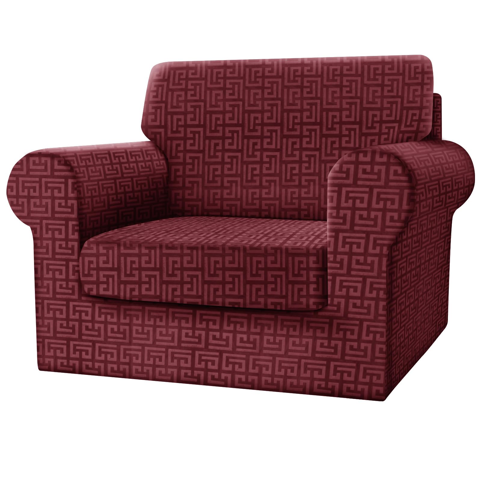 SYLC Fitted Single Sofa Cover, 3 Piece Sofa Slipcover With 1 Seat Cushion Cover And 1 Backrest Cover, Settee Covers Stretch Velvet Anaglyph(Rose Red,Chair - 3 PCS)