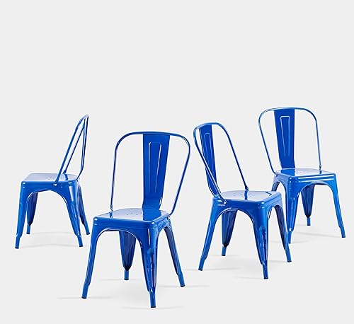 Juego de sillas de comedor de metal azul de 4 a 18 pulgadas de altura de asiento modernas apilables Tolix para cocina, cafetería, bistró, al aire