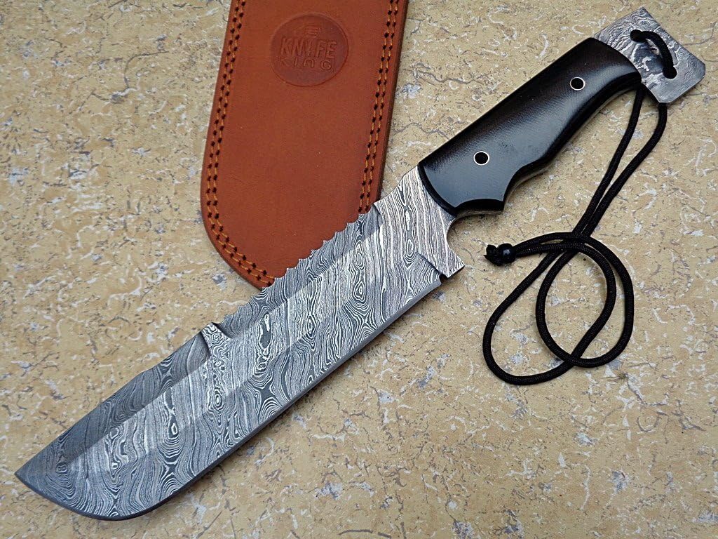 Handmade Damascus Hunting Knife with Leather Sheath - 13.5" Fixed Blade Tracker Knife with Black Micarta Handle- Survival Knife - Camping Knife- Best Gift for Men & Women