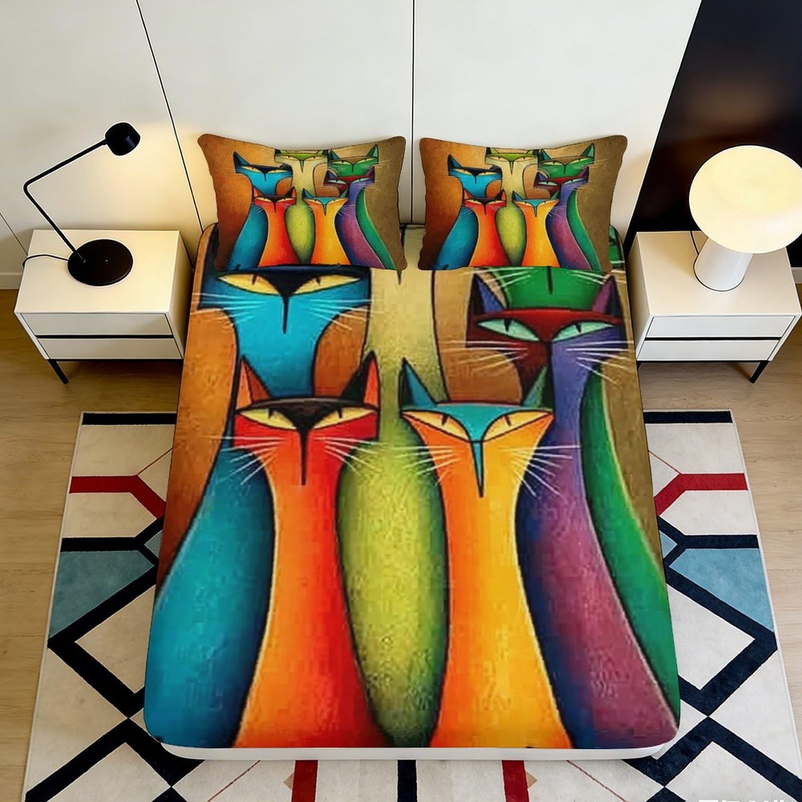Pnayamiorkfel Style-1 3D Printed Abstract Colorful Cats Fitted Sheet Microfiber Soft Mattress Cover For Bedroom Dorm Guest Room Decor 90X200x25cm