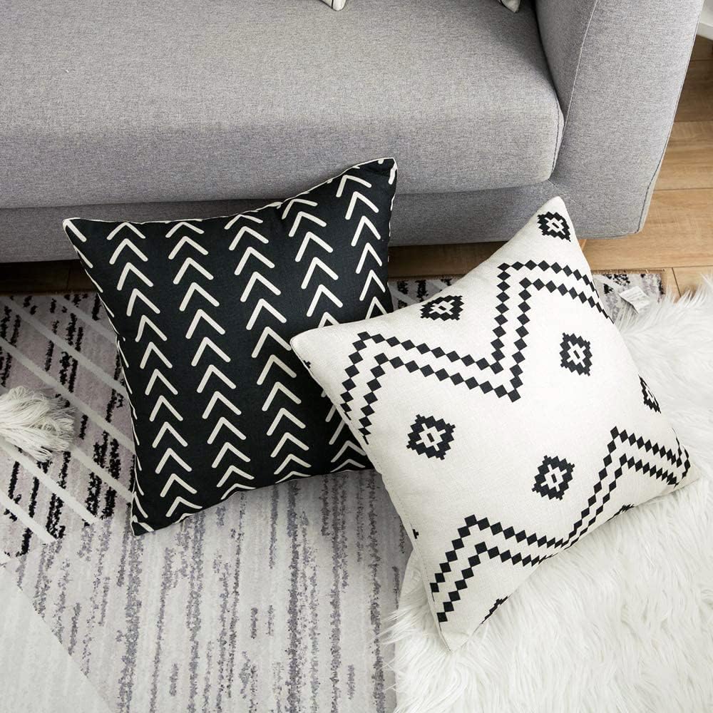Set of 4 Size 18x18 Color Black and white Boho Pillow Covers,18x18 Pillow Covers Modern Throw Pillow Covers Black Geometric Mudcloth Linen Neutral Decorative Pillow Covers for Sofa Couch Chair