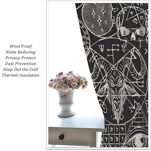 Vista 143 de Cortinas de cabeza de cabra, misteriosa cabeza de cabra malvada, calavera negra, bolsillo para barra, cortinas opacas para ventana, juego de 2