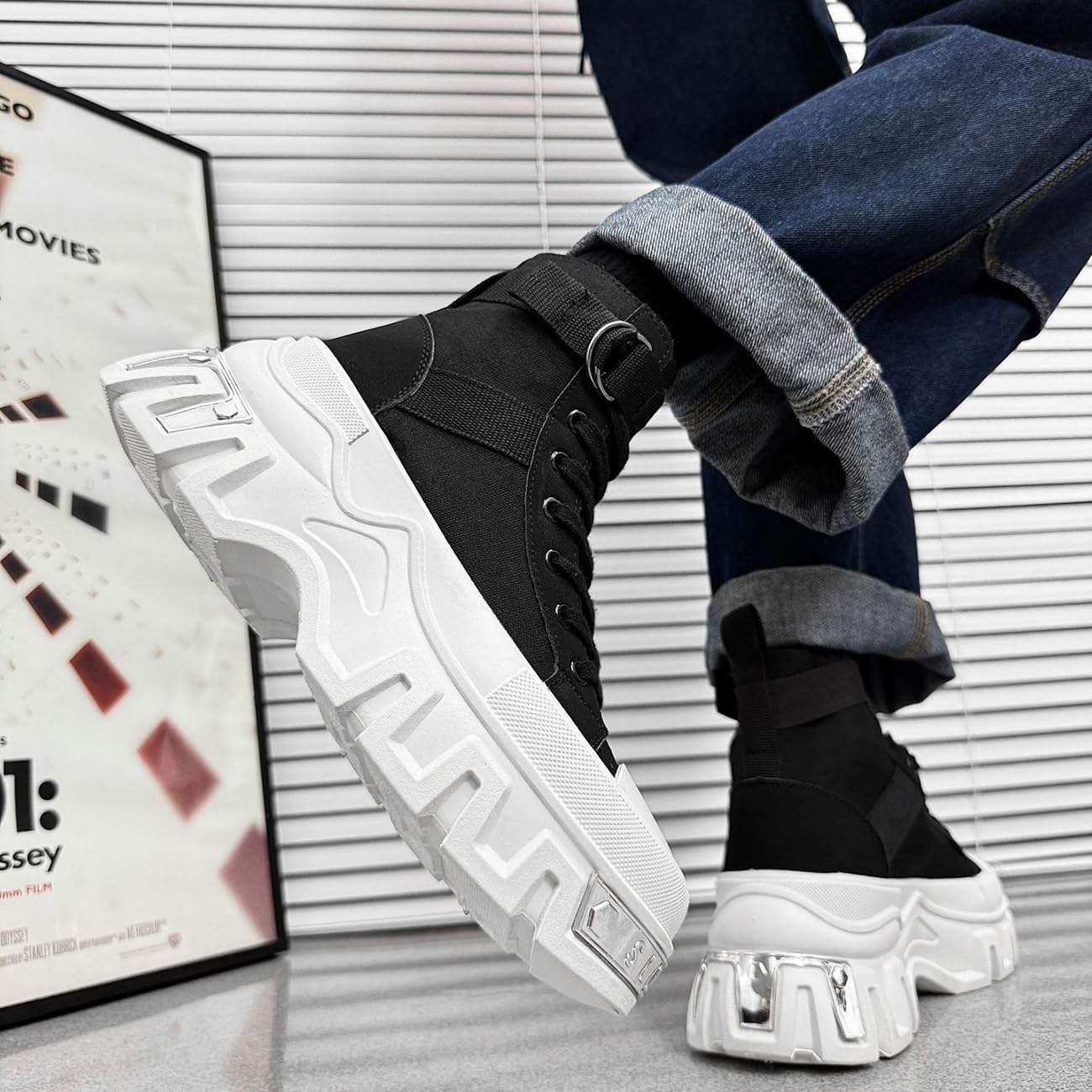 Men's Platform Combat Boots with Strap Avant-Garde Chunky Lace-Up Ankle Boots Warm Canvas Punk Booties