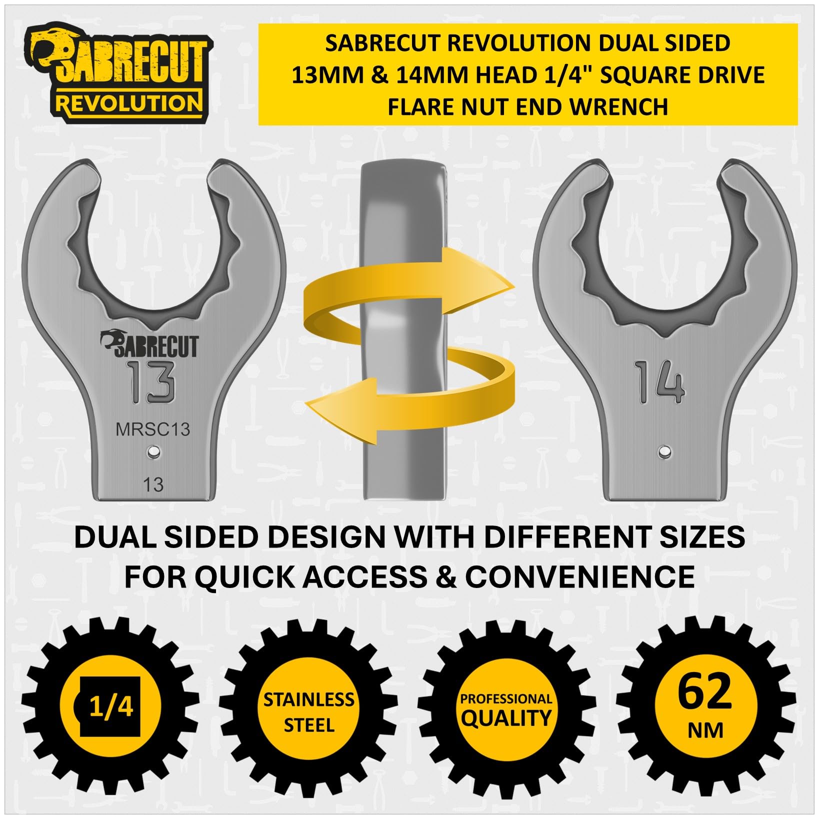 SabreCut 1 x MRSC13 13mm/14mm Dual Sided Flare Nut Wrench Attachment for 1/4" Square Drive Tools - Image 3