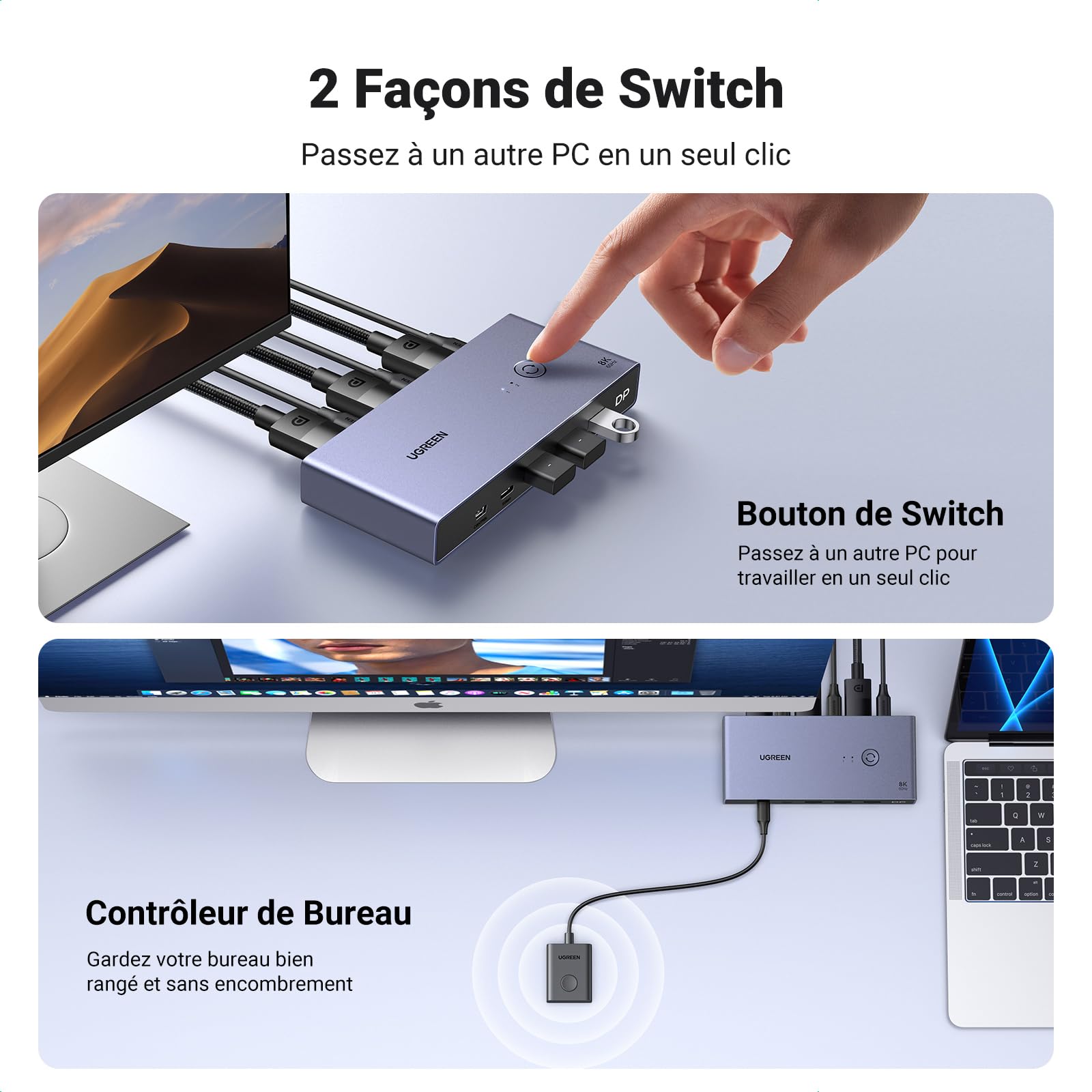 UGREEN Switch KVM Displayport 1.4 8K 60Hz 2 Entrées 1 Sortie Commutateur | 4K 240Hz USB C 3 USB A pour Clavier Souris Disque Dur Imprimante Moniteur avec Contrôleur de Bureau 2 Câbles DP 1M