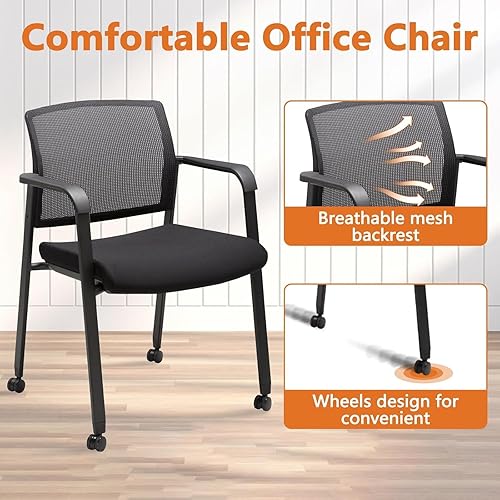 Miniatura 51 de CLATINA Silla de sala de espera negra con ruedas y respaldo de malla apilable con asiento de tela tapizado y soporte lumbar ergonómico para oficina