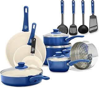 GreenLife Soft Grip Juego de 16 Ollas y Sartenes de Cerámica Antiadherente, Incluye Sartén, Cacerola y Cazo, Sin PFAS, Apto para Lavavajillas, Apto para Horno, Azul