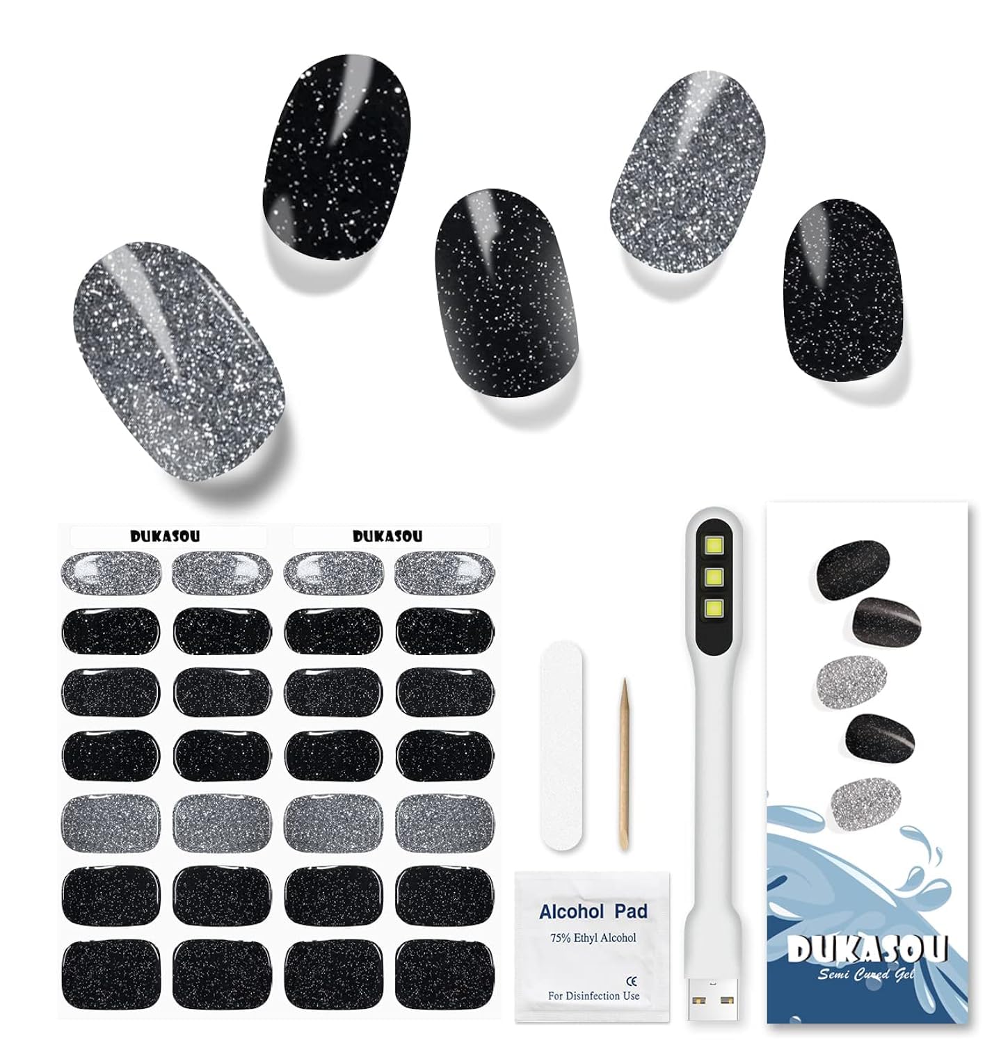 SIGNCLUBS Semi Cured Gel Nail Strips, 28pcs Gel Nail Strips with LED Light, Long Lasting Gel Nail Stickers Full Nail Wraps for Women, Includes Prep Pads, Nail File & Wood Stick