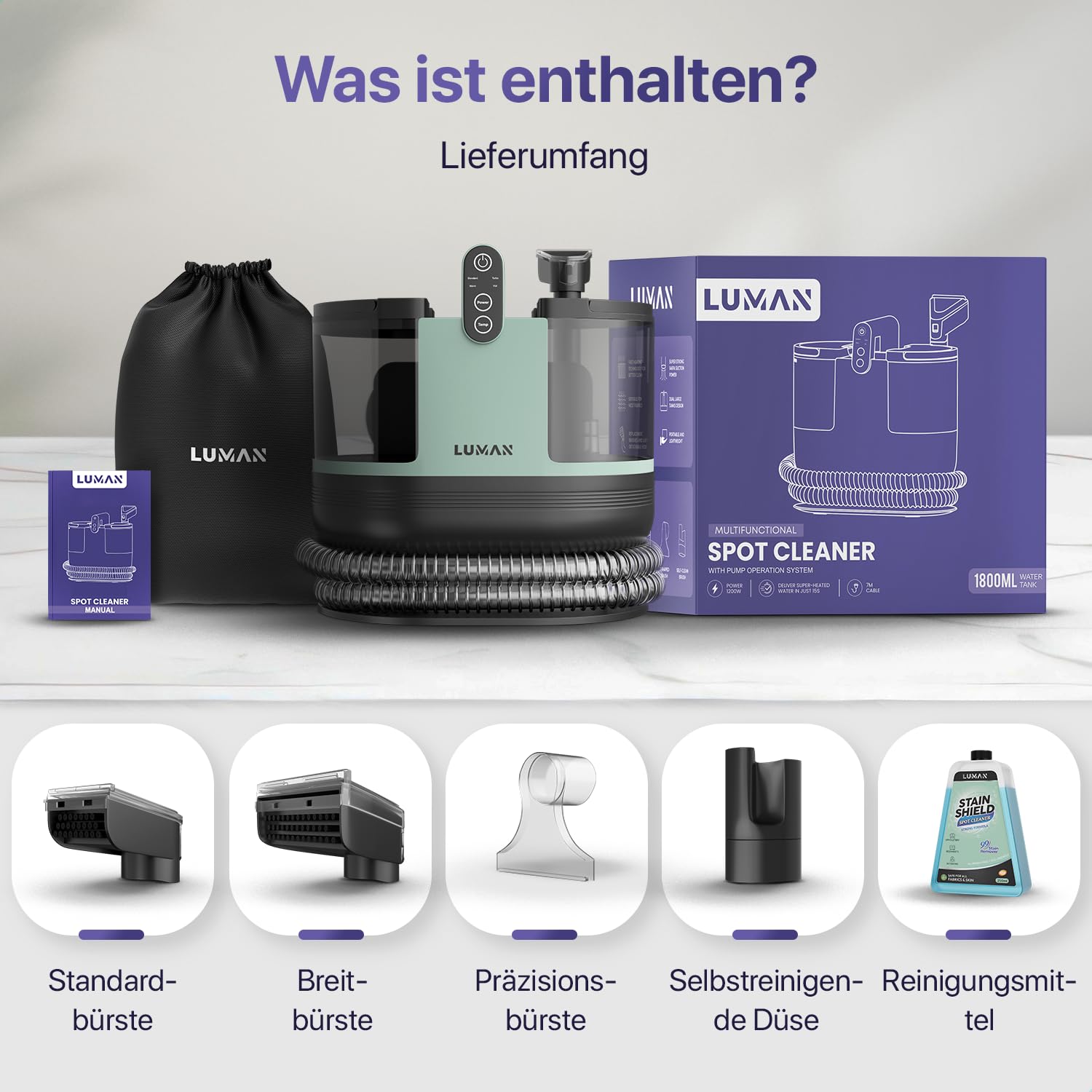 LUMAN 4 in 1 Teppichreiniger - Heizfunktion und Selbstreinigung - Fleckenreiniger - Sitzreiniger - Reiniger für Sofa, Boden, Auto und Teppich - 4 Bürsten - Inklusive Reinigungsmittel
