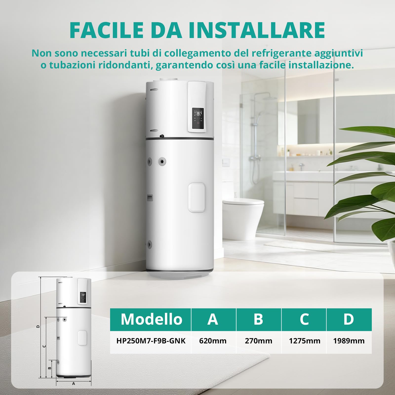 R290 Pompa di Calore Verticale 250 Lt Pompa Aria Acqua per Ville Hotel Appartamenti Vacanze Commercio ed Esterno, Silenziosa 50 dB, Riscaldamento Rapido a 75 °C, WiFi