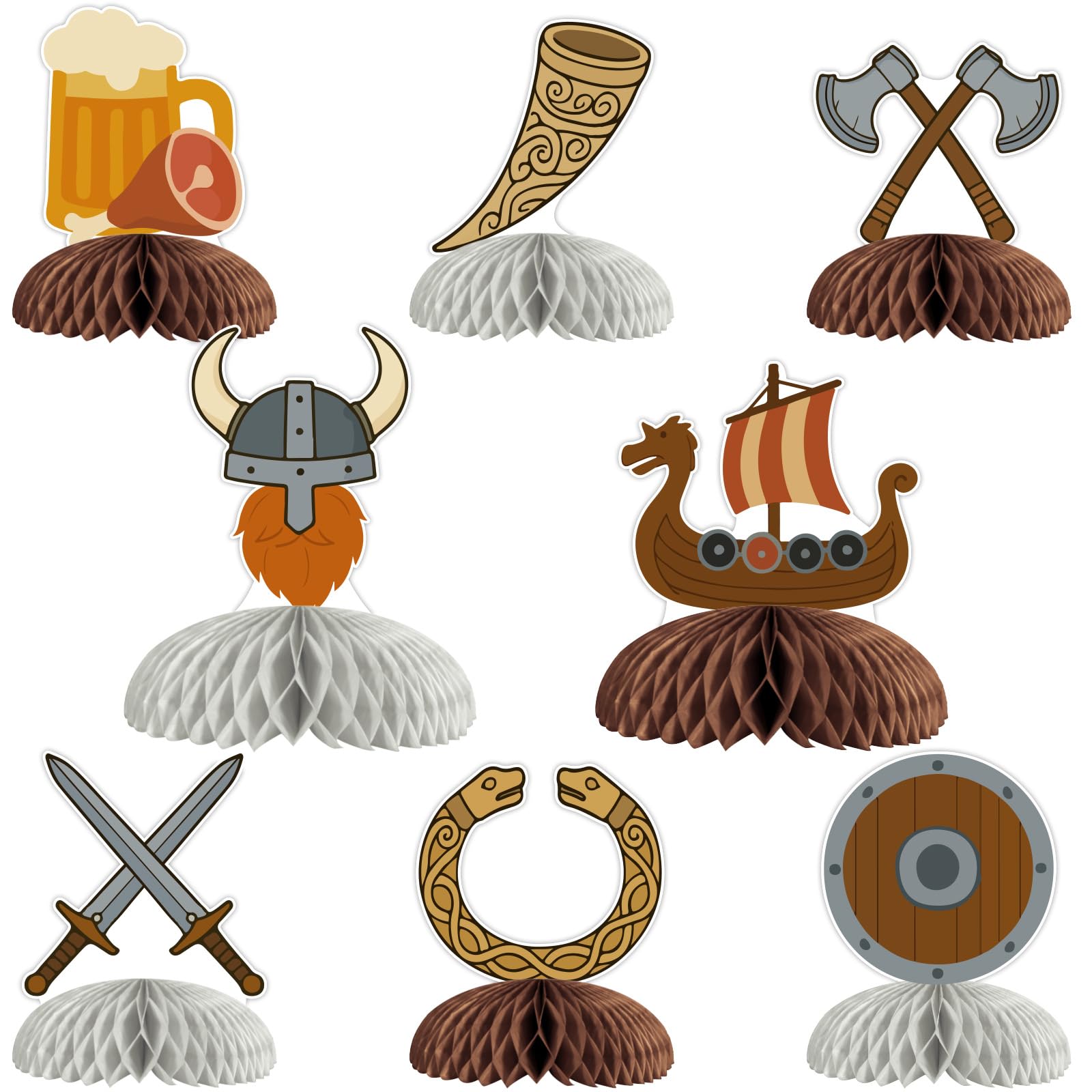 Cheerupp 8 Pcs Nordic Viking Helmet Ship Honeycomb Centerpieces Decorations, Barbarian Pirate Table Toppers Decor, Northern Europe Pirate 3D Table Signs for Baby Shower Birthday Party Supplies