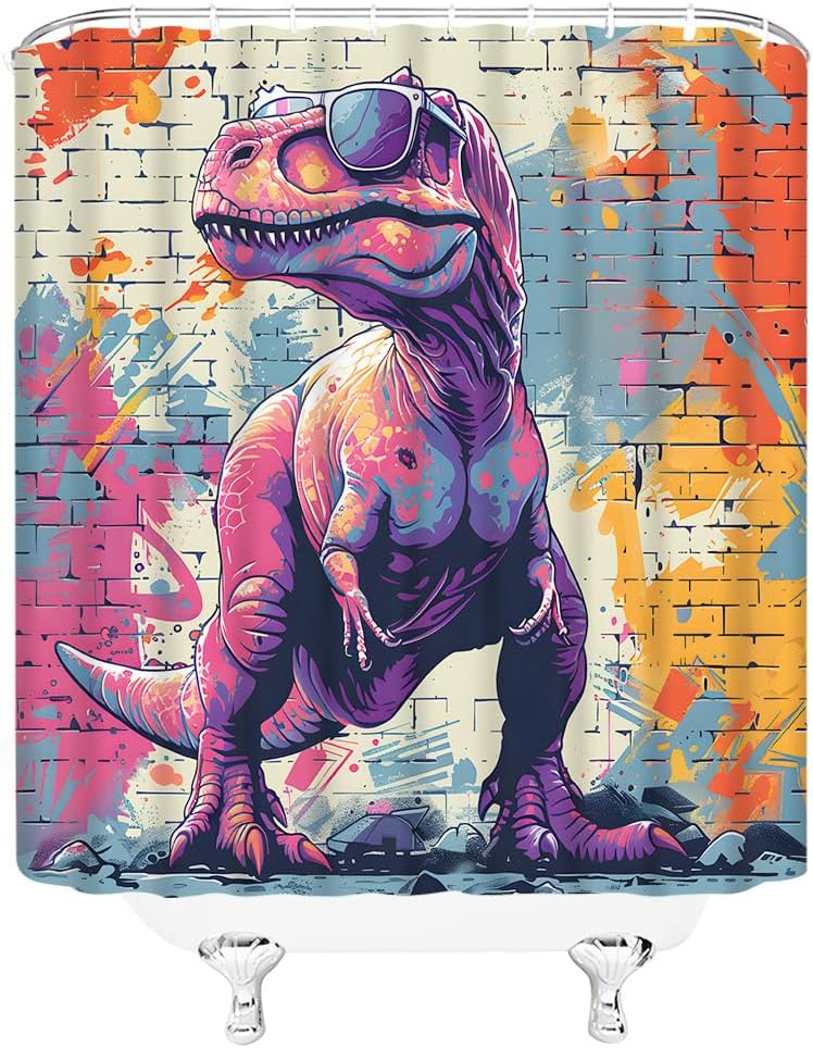 Funny Dinosaur Shower Curtain Fantasy Animal Wearing Sunglass Colorful Graffiti Brick Wall Cool Boys Teens Bathroom Decor Polyester Fabric Curtains with Hook 80Wx70H Inches