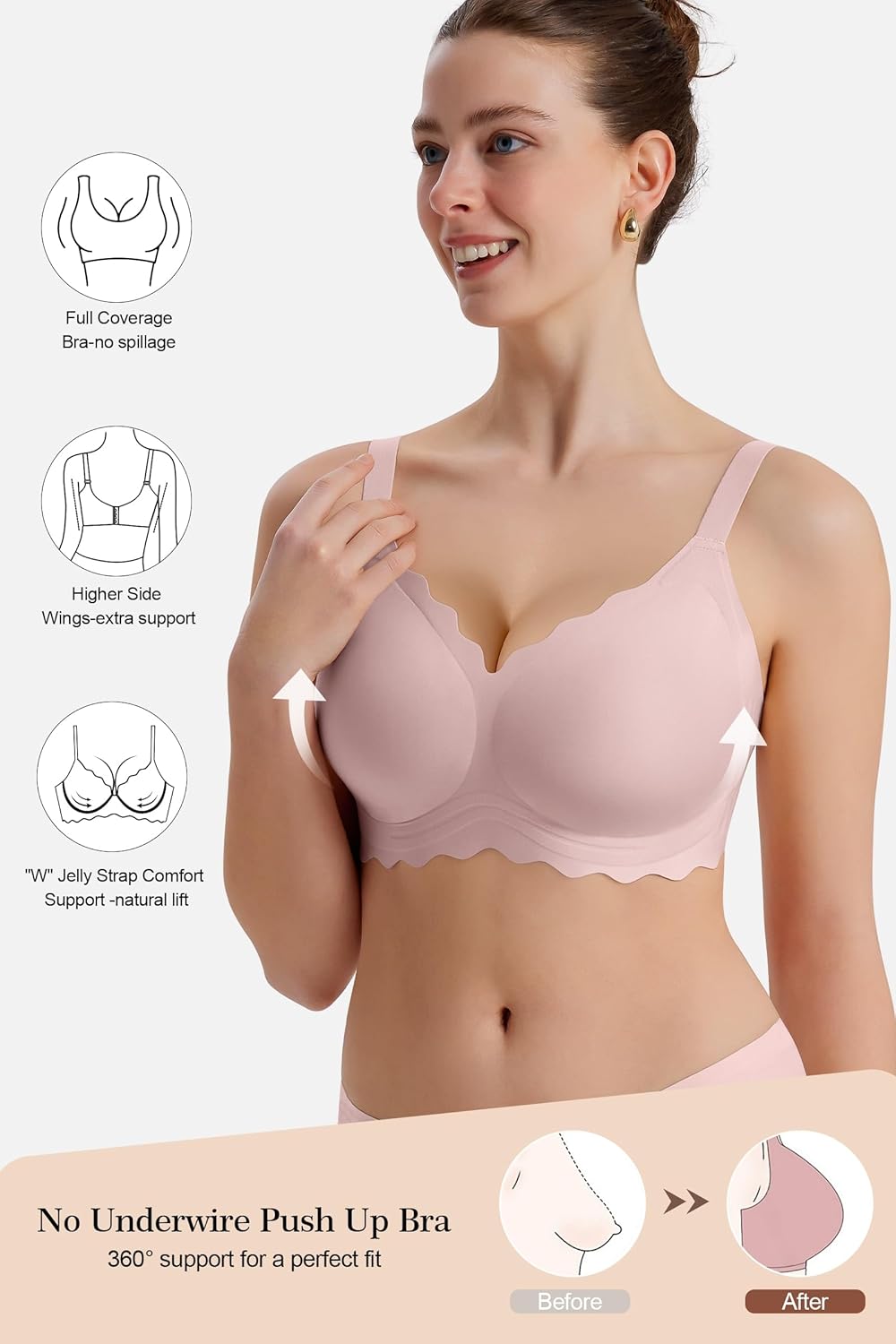 Womens Scalloped Full Coverage Wireless Seamless Comfort Bra Push Up Padded Smoothing T-Shirt Bralettes Pink L - Image 2