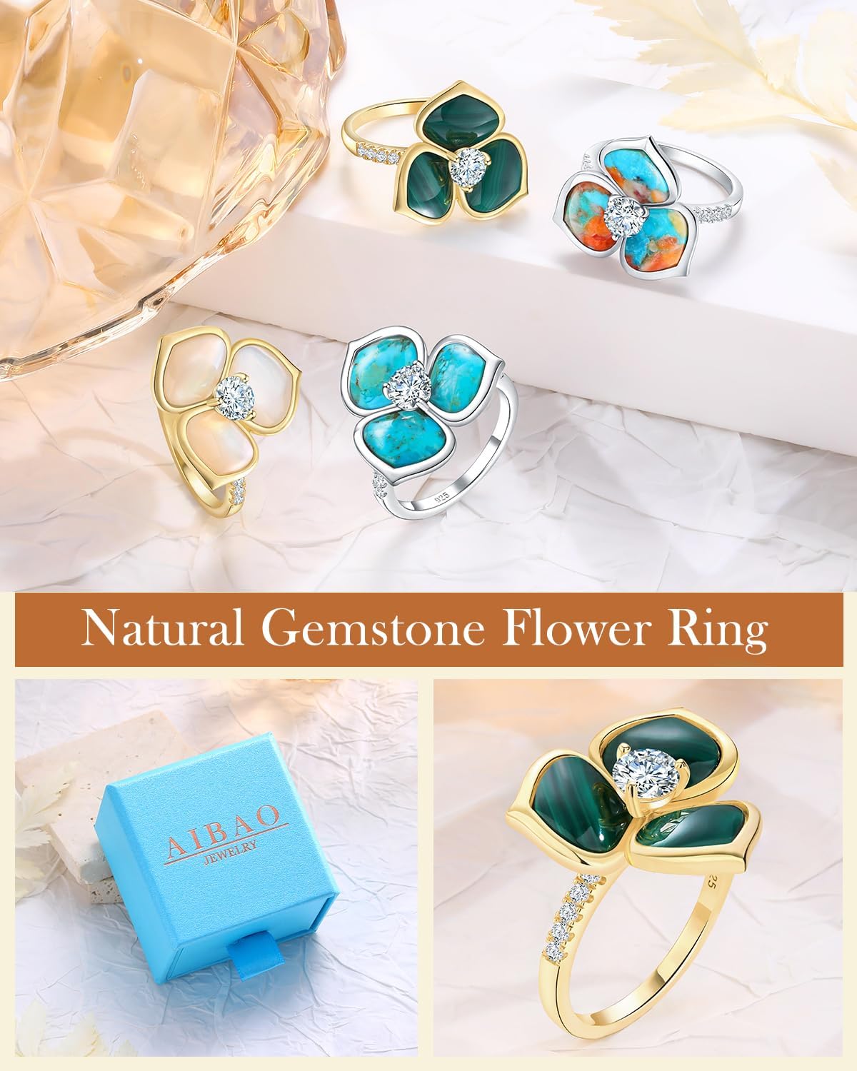 AIBAO Flower Gemstone Rings for Women Three Pental Turquoise/Malachite/Mother of Pearl Flower Ring with Cubic Zirconia Center Sterling Silver Statement Rings Size 6 to 10
