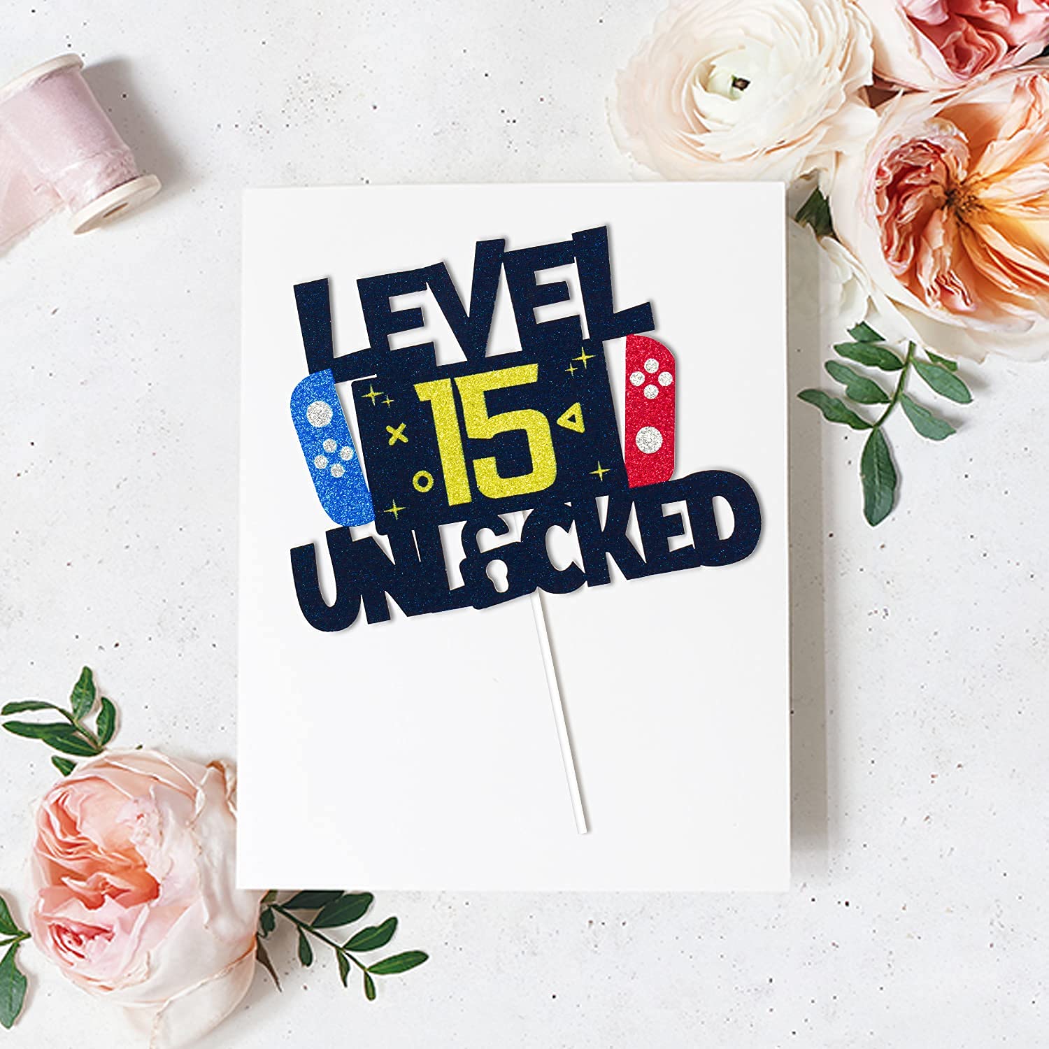 Video Game 15th Birthday Cake Topper - Blue 'Game On Level Up' Design, Cardboard With Sticks, For 6-12 Inch Cakes