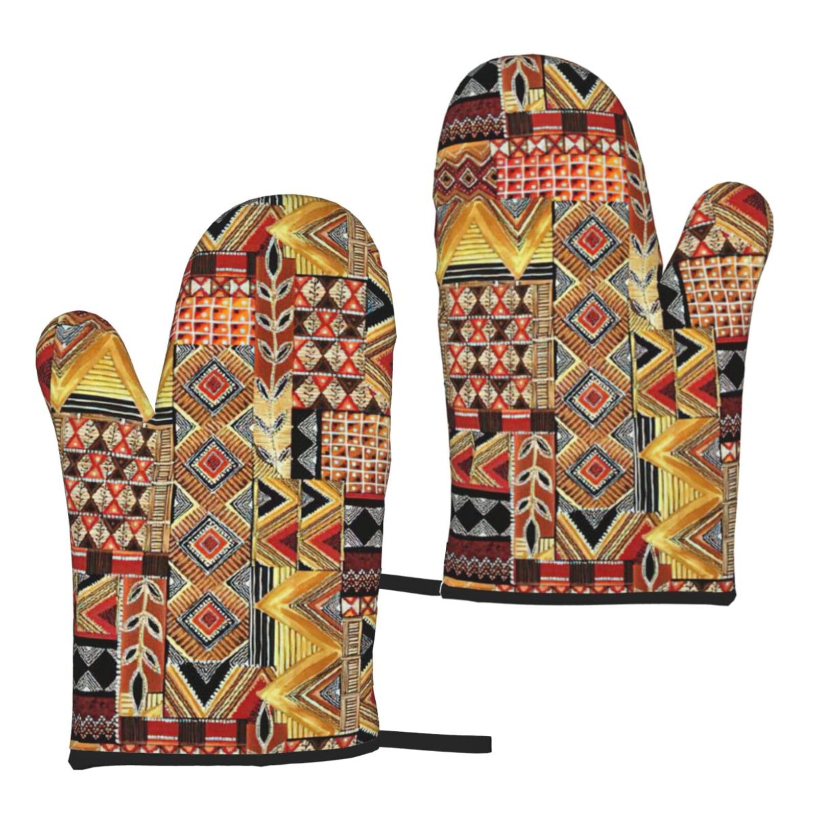 Nimongt Women's Black African Textile Patchwork Print Adults Universal Fit Heat Resistant Oven Gloves Reusable Cooking Outdoor Grilling