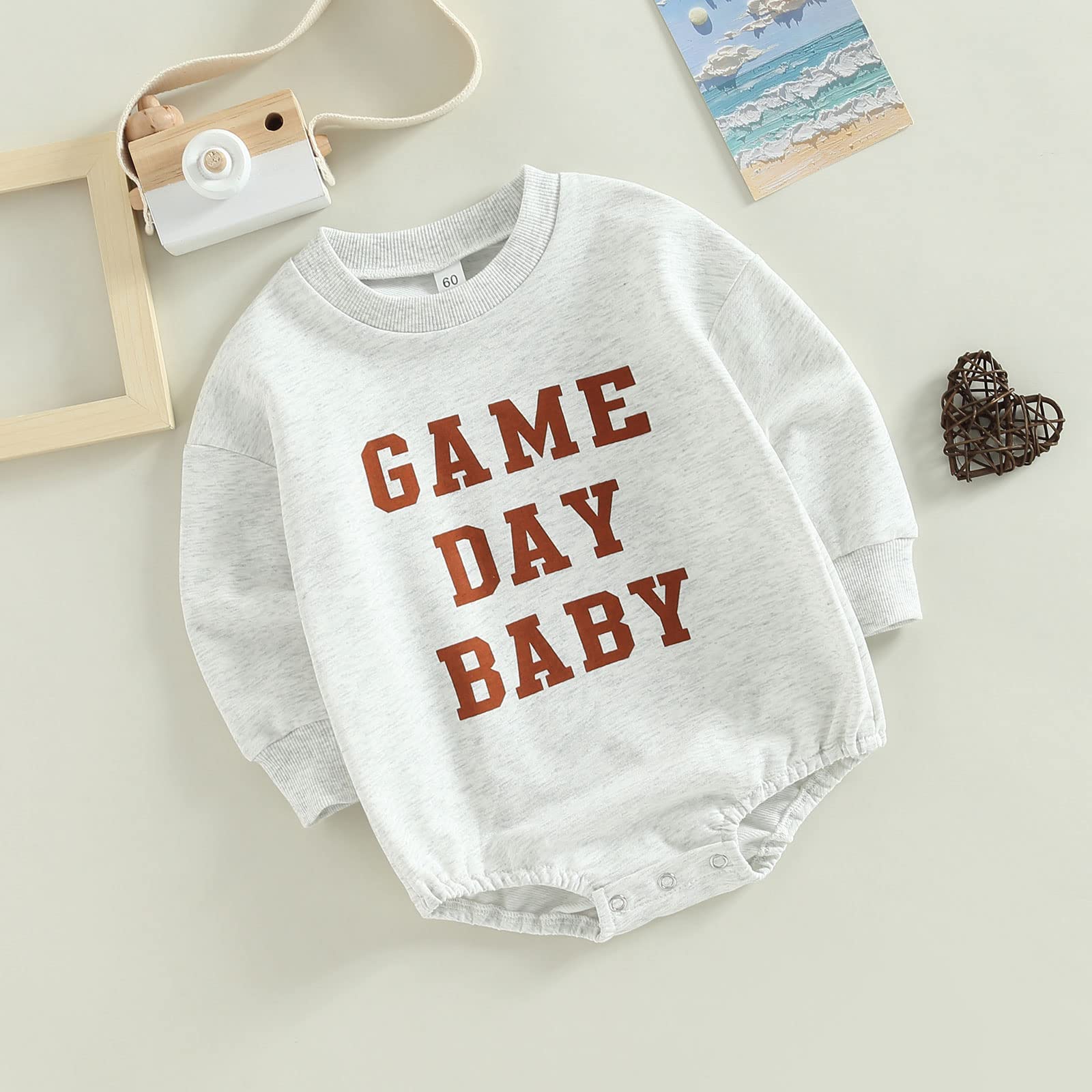 FIOMVA Baby Girl Boy Clothes Football Long Sleeve Crewneck Sweatshirt Romper Pullover Shirt Tops Spring Fall Outfit(Game Day Baby-Grey,12-18 Months)